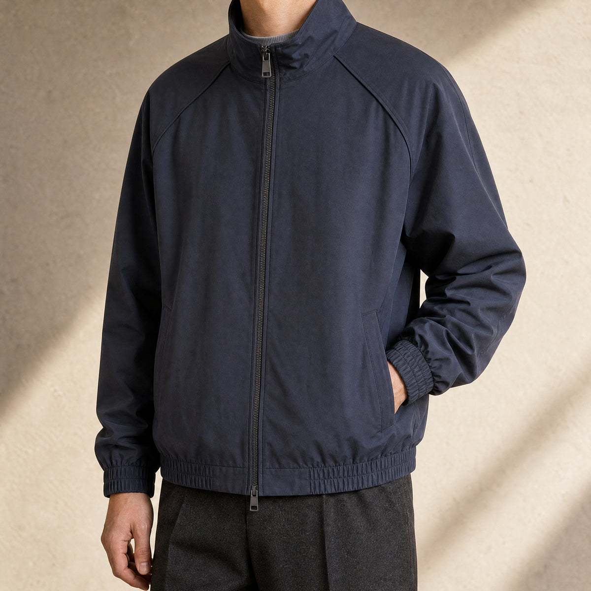 Crag Stand-Collar Bomber Jacket in Navy Blue