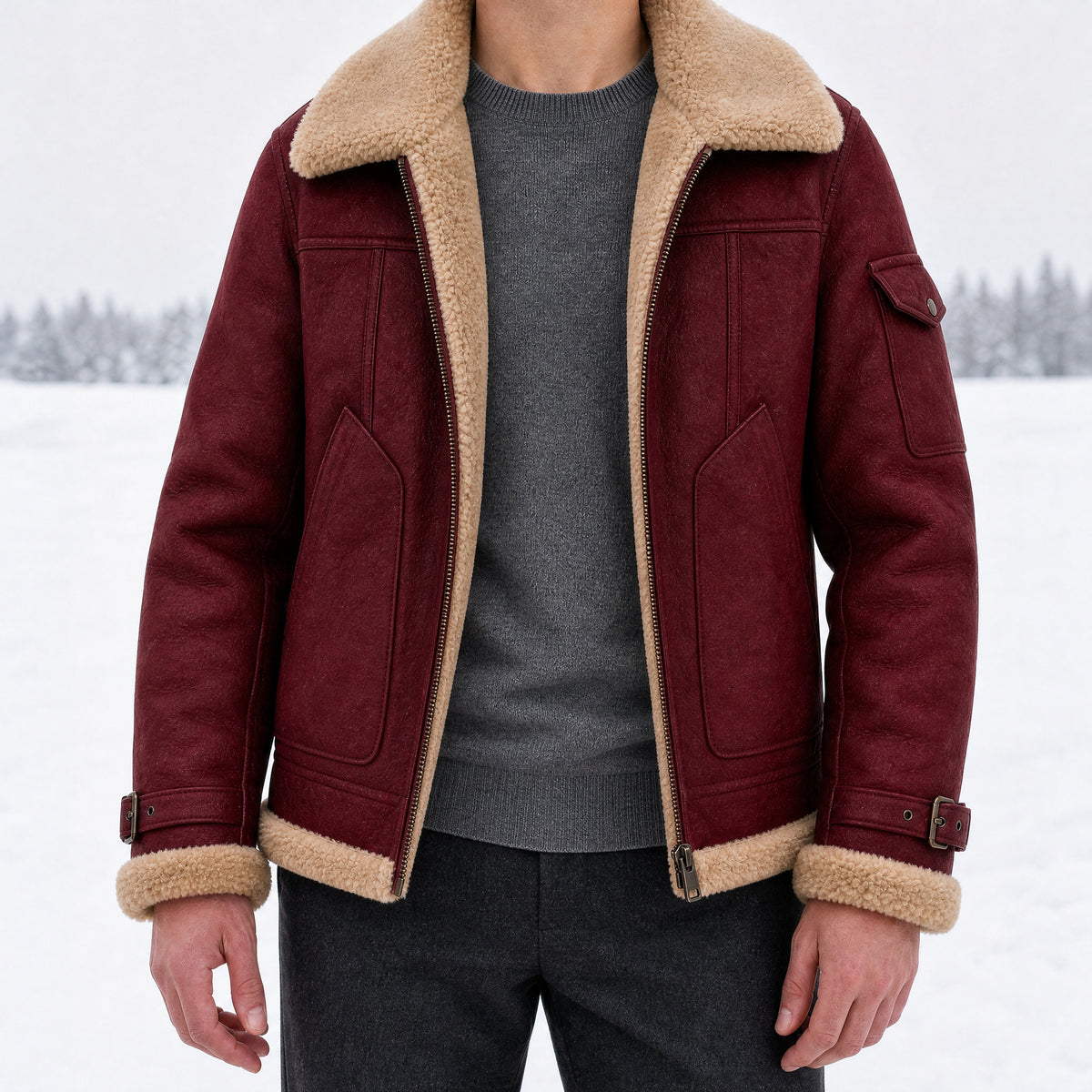 Cypress Shearling Bomber Jacket in Brick Red