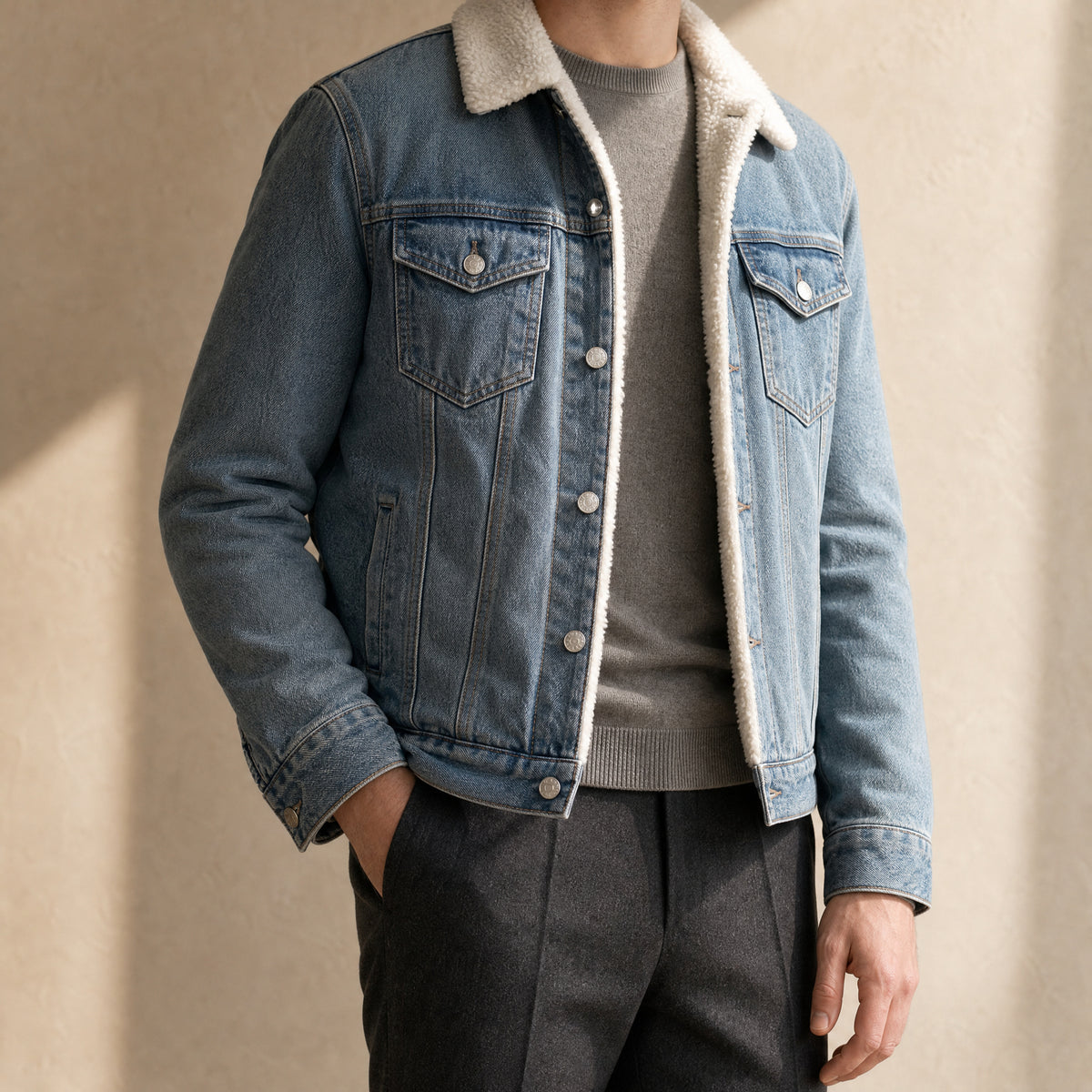 Damson Sherpa-Lined Denim Jacket in Light Blue