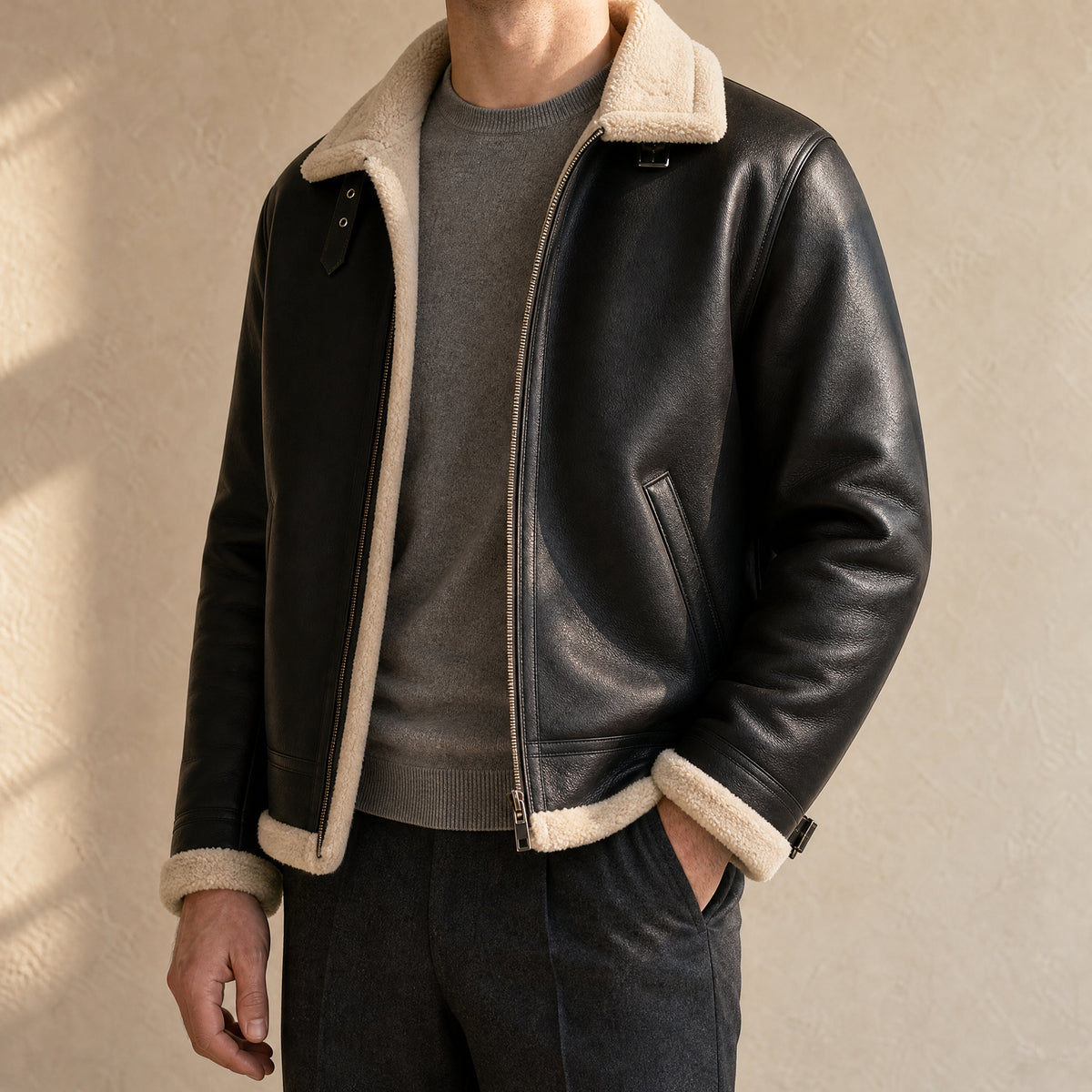 Deepwater Fleece-Lined Leather Jacket in Black