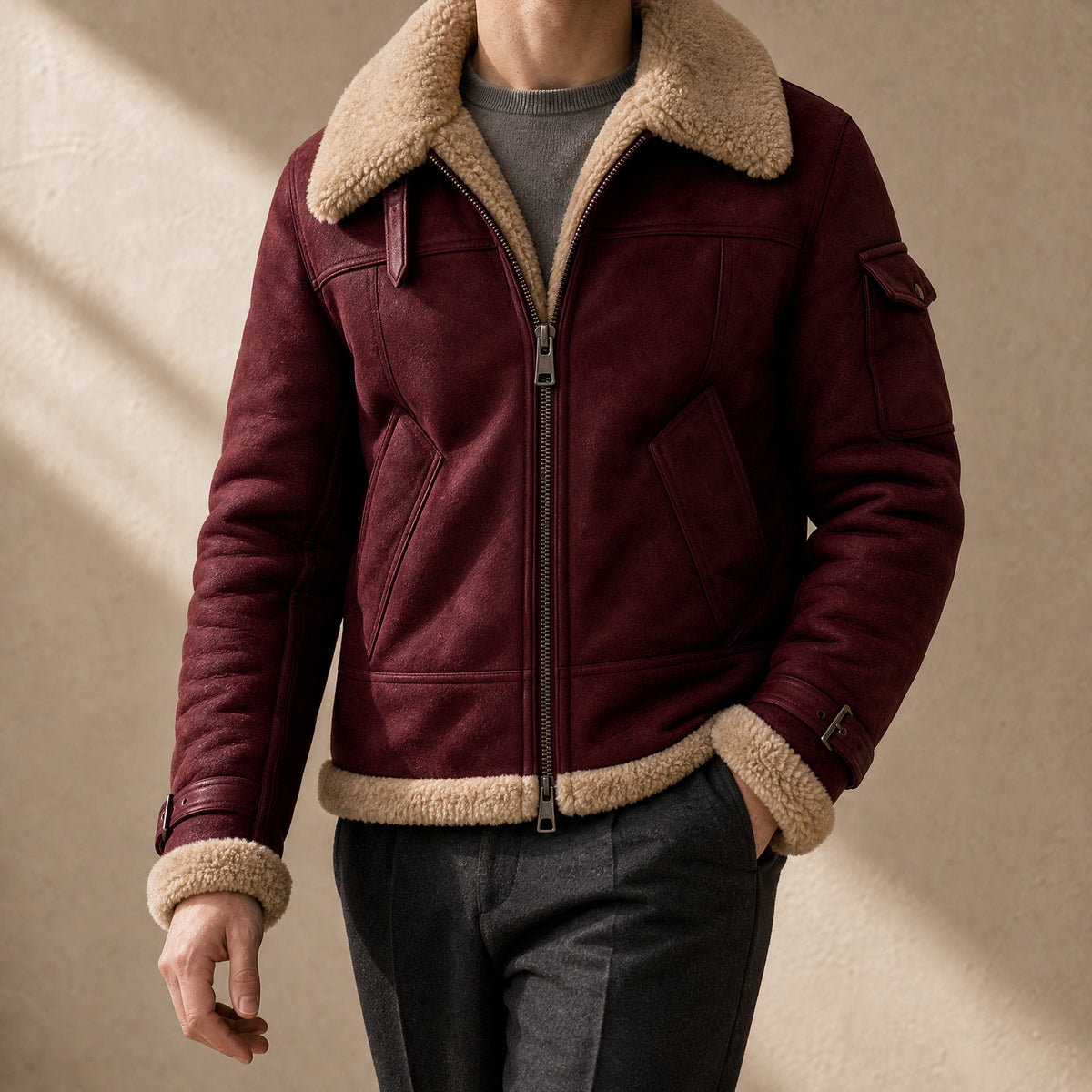 Deluge Shearling Bomber Jacket in Brick Red