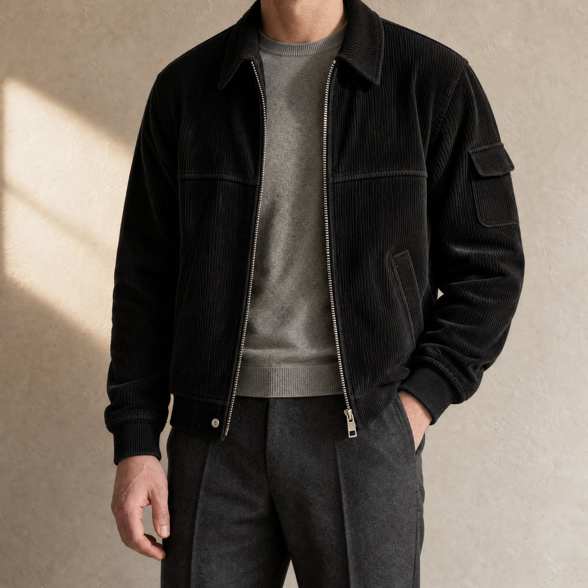 Downpour Corduroy Bomber Jacket in Black