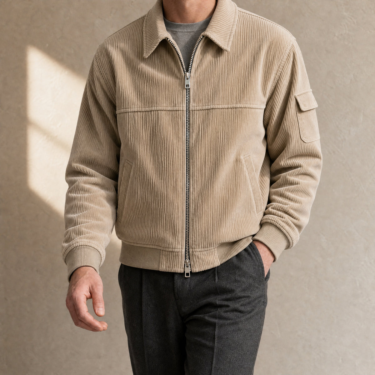 Downpour Corduroy Bomber Jacket in Khaki