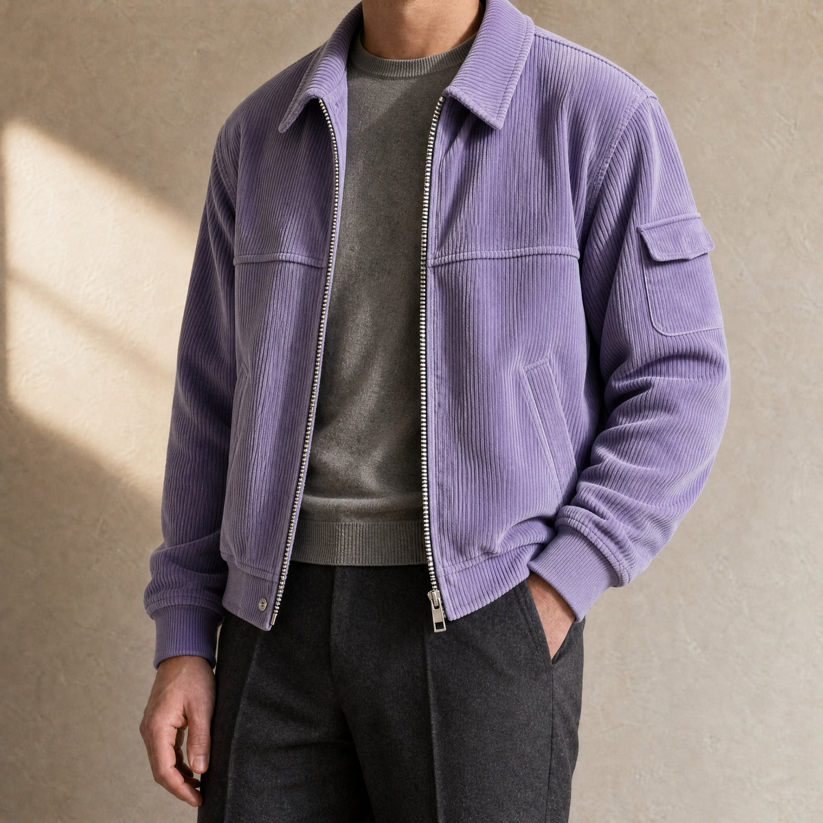 Downpour Corduroy Bomber Jacket in Purple