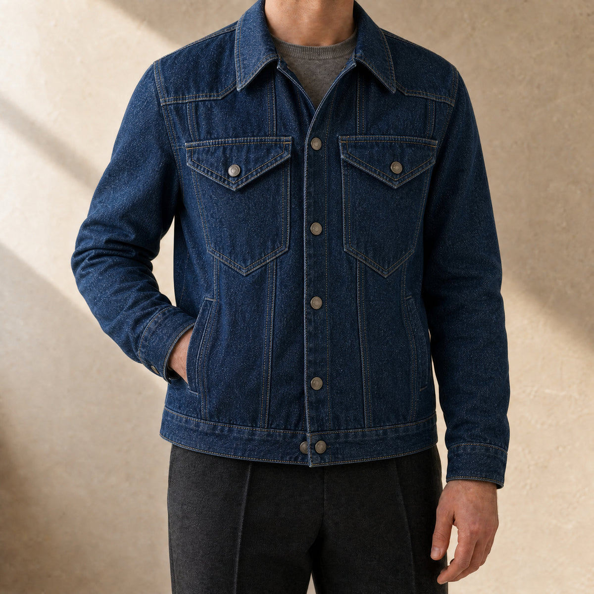 Dune Flannel-Lined Denim Jacket in Dark Blue