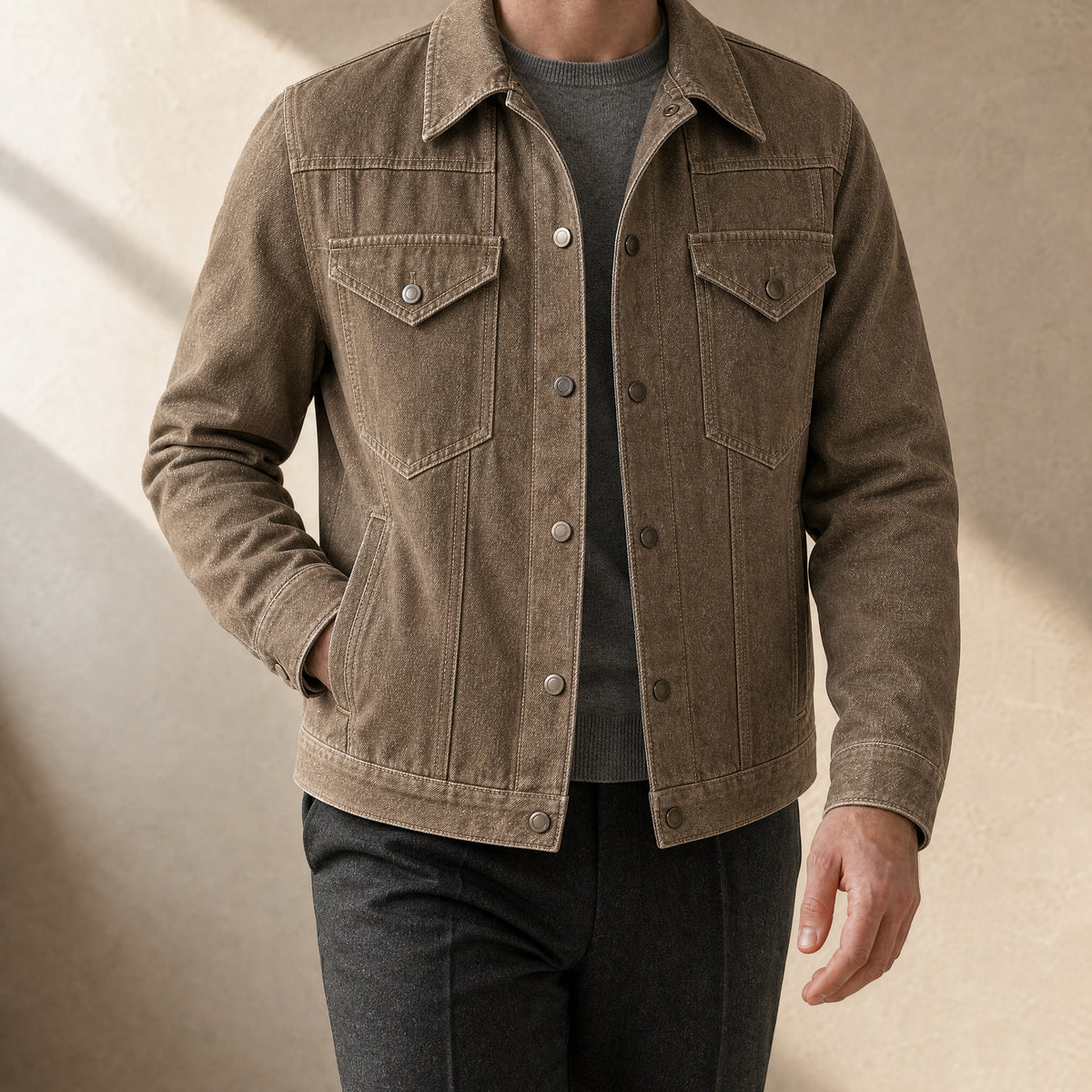Dune Flannel-Lined Denim Jacket in Dark Brown