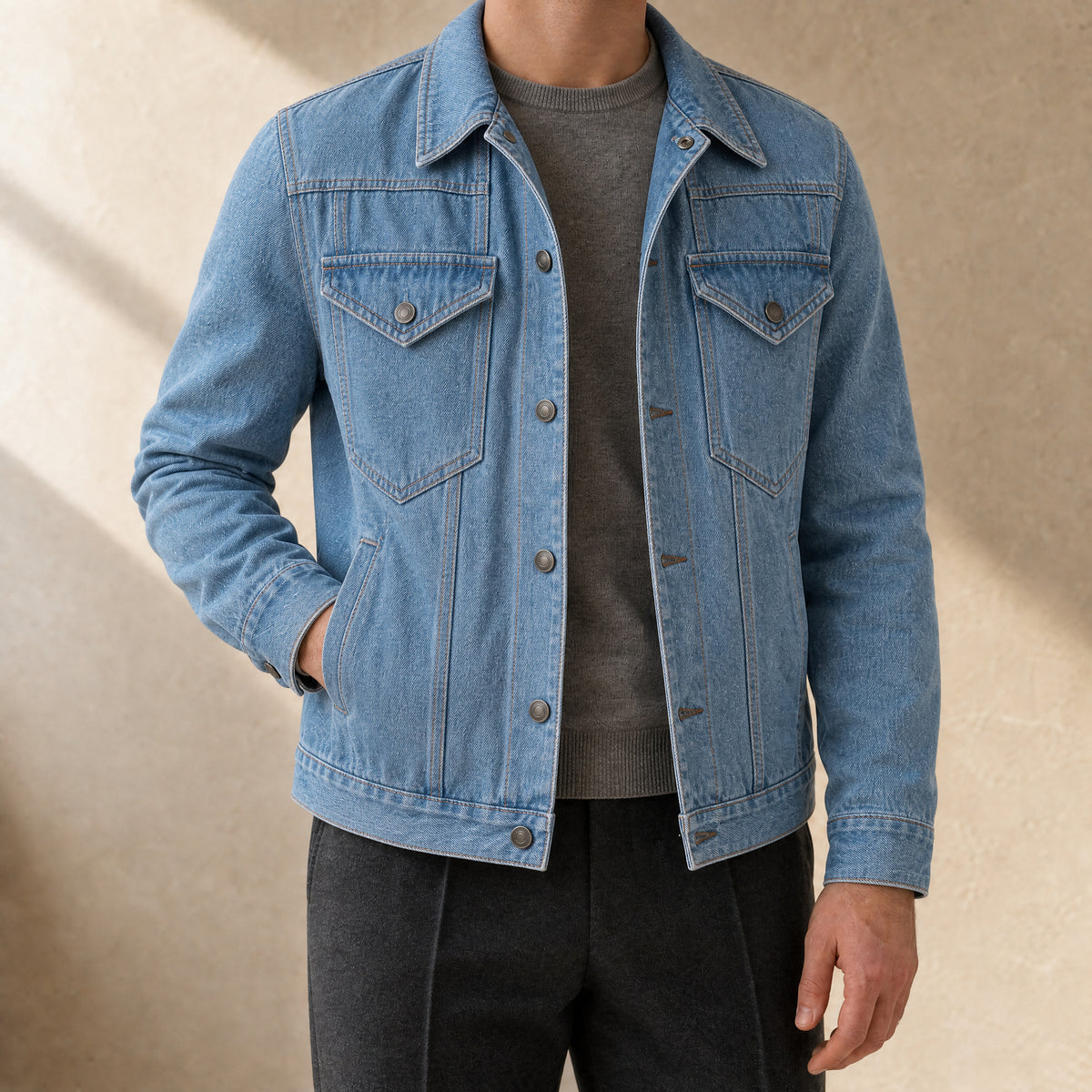 Dune Flannel-Lined Denim Jacket in Light Blue