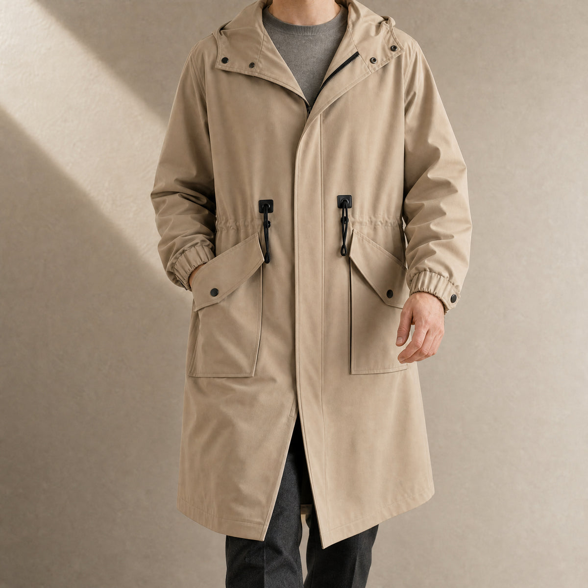 Eddy Hooded Trench Coat in Khaki