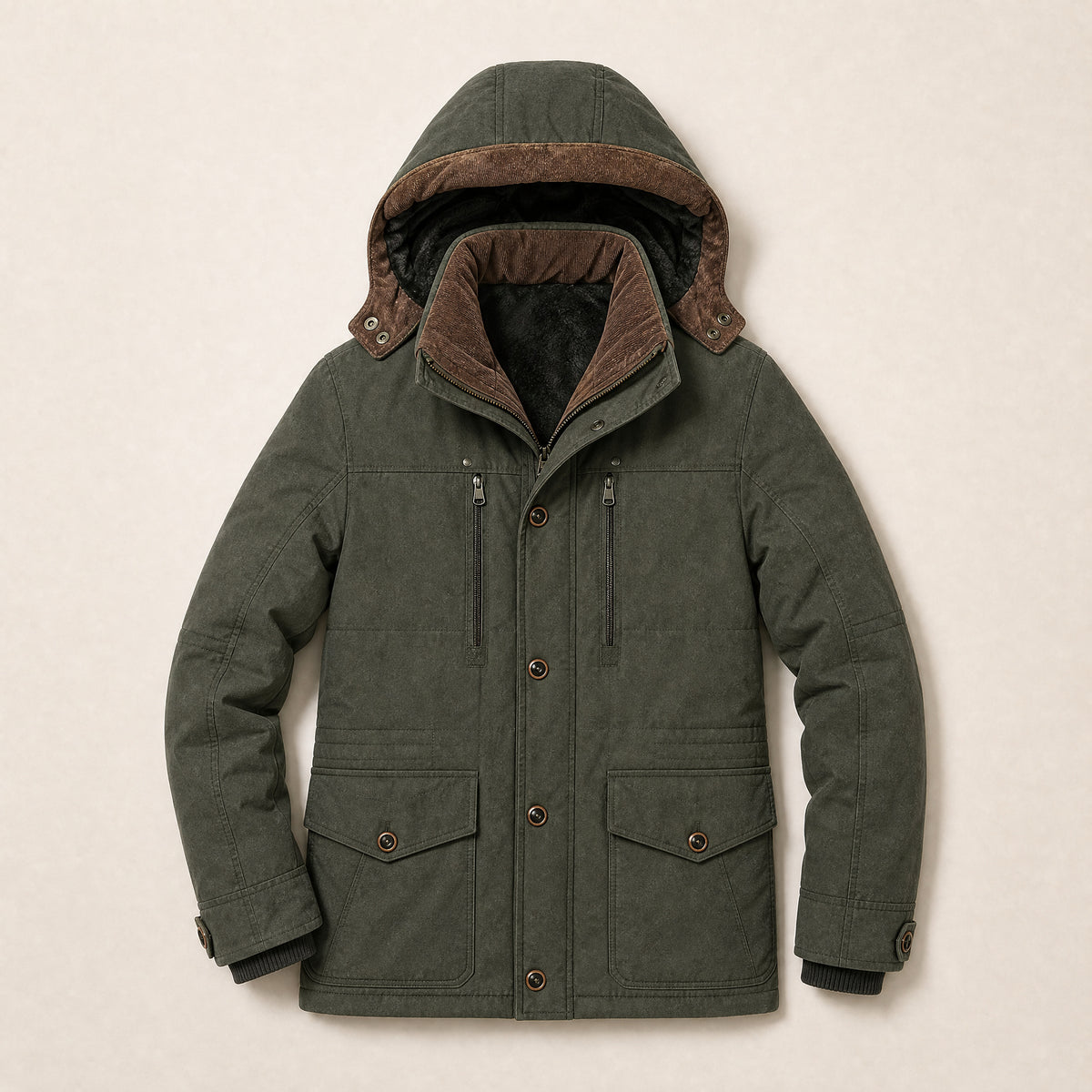 Elm Fleece-Lined Hooded Parka in Military Green