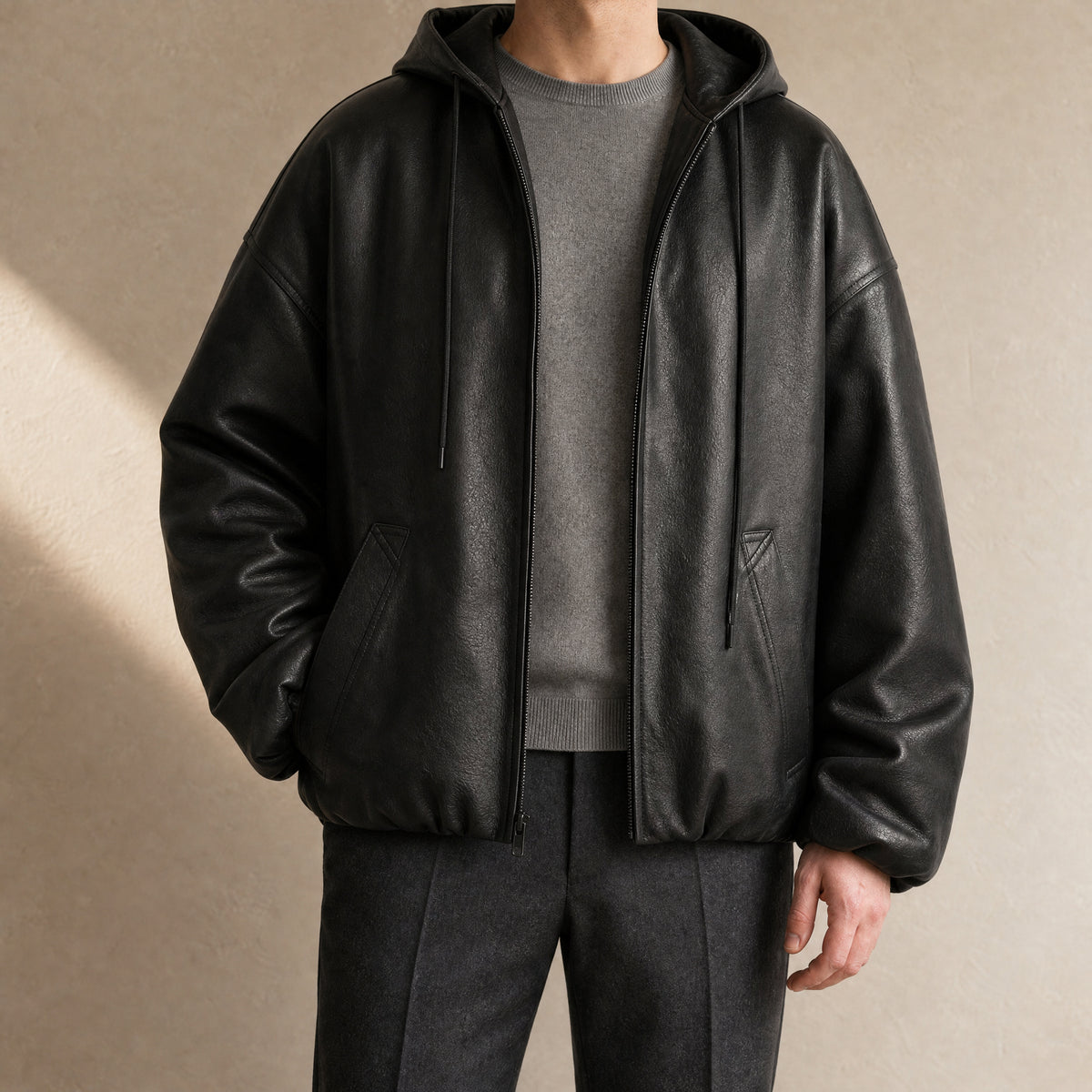 Eventide Hooded Leather Bomber Jacket in Black