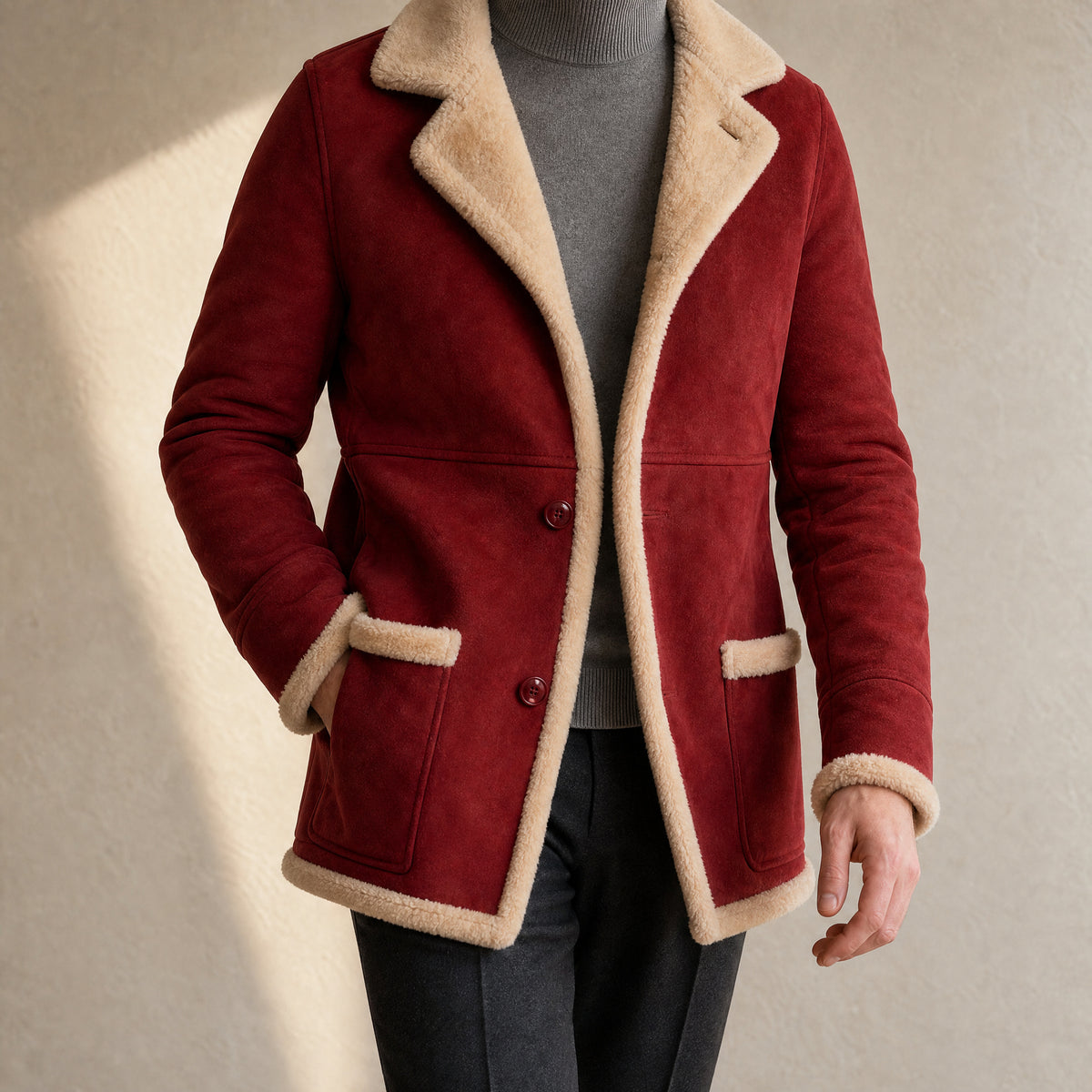 Fathom Suede Shearling Jacket in Red