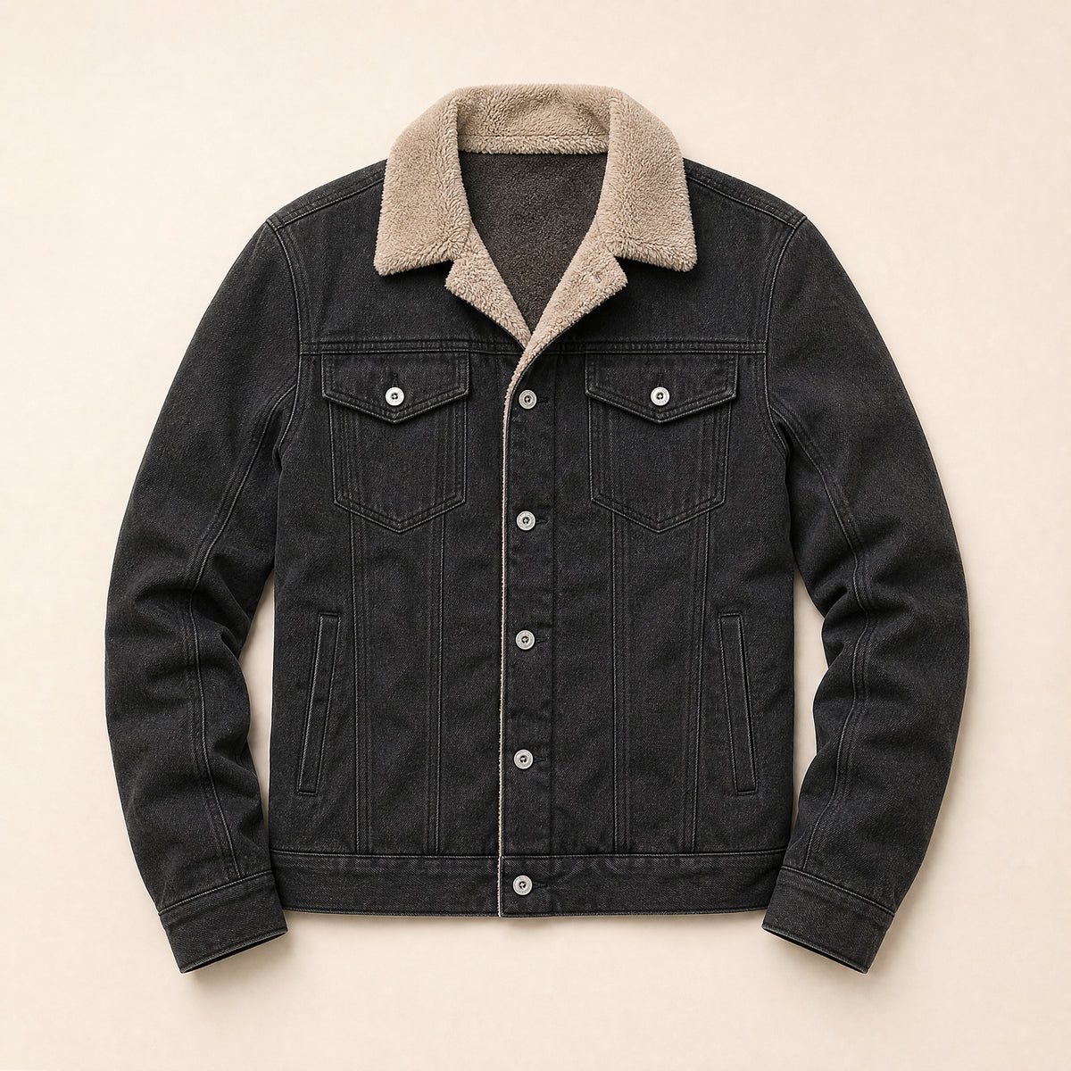 Fern Sherpa-Collar Denim Jacket in Black