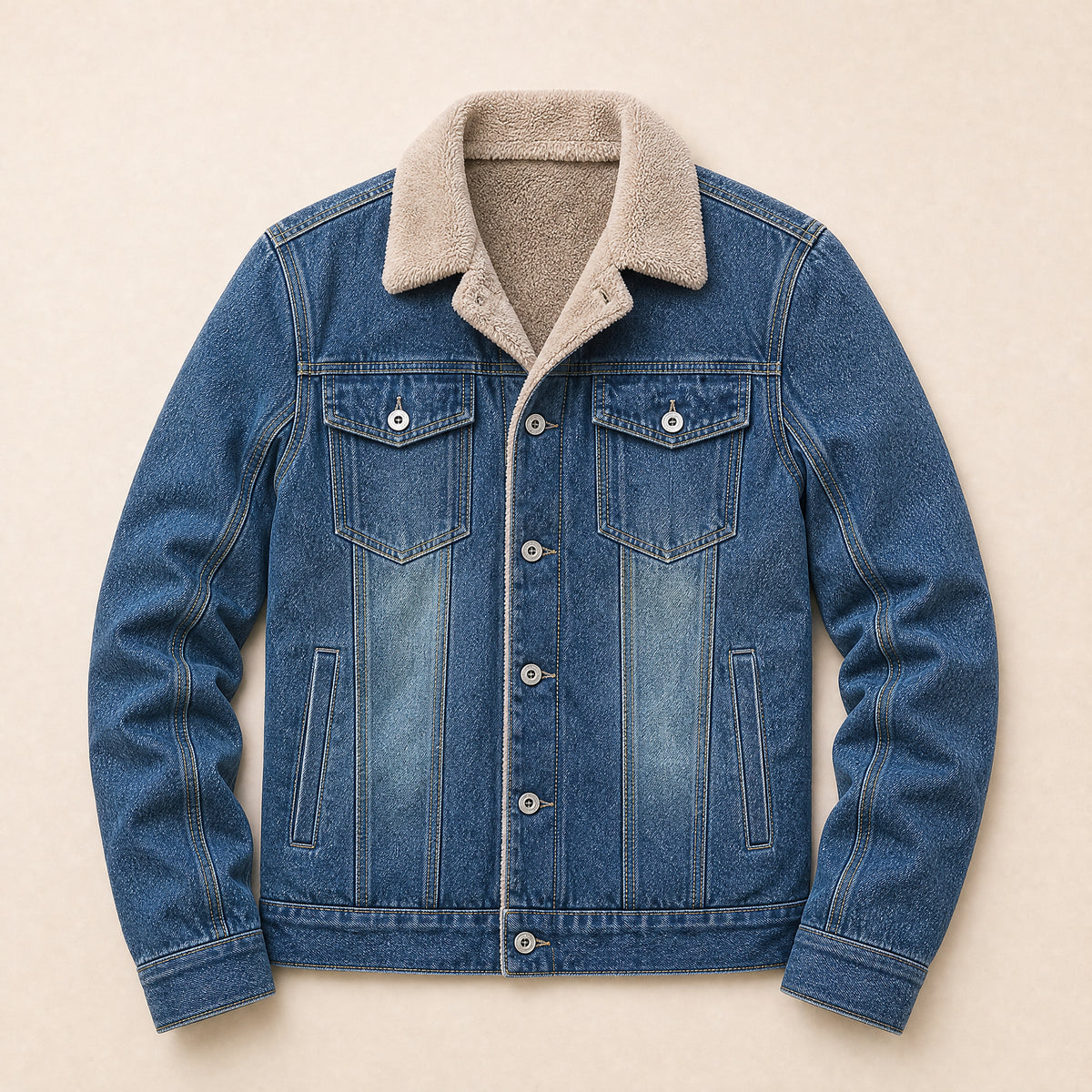 Fern Sherpa-Collar Denim Jacket in Dark Blue