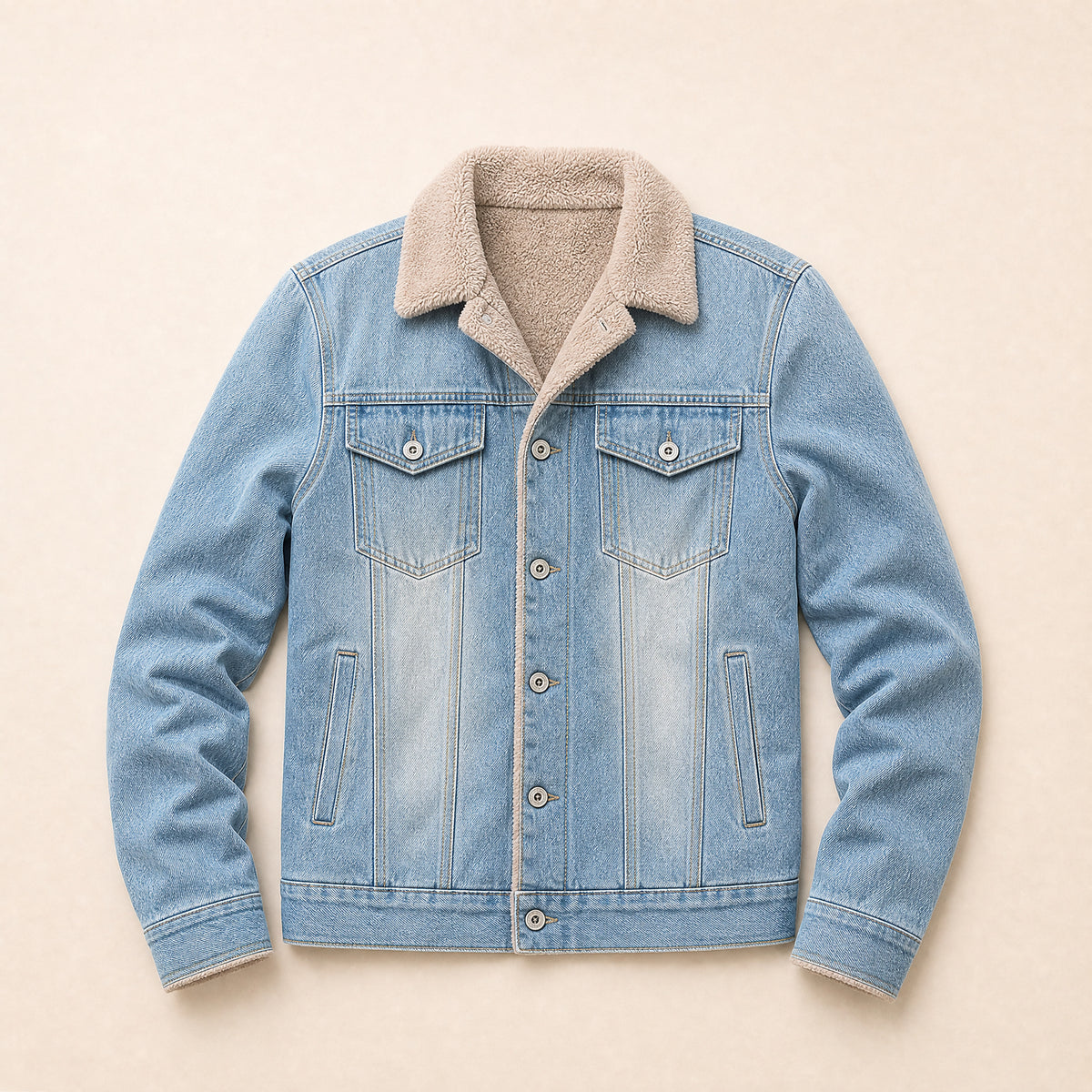 Fern Sherpa-Collar Denim Jacket in Light Blue