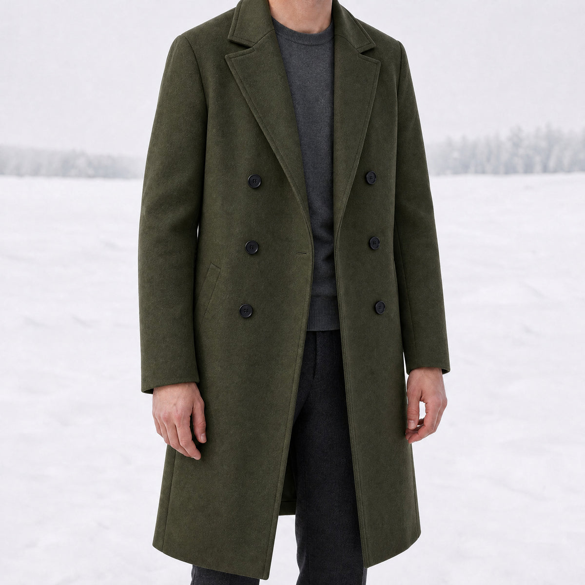 Fernbrake Long Double-Breasted Overcoat in Army Green
