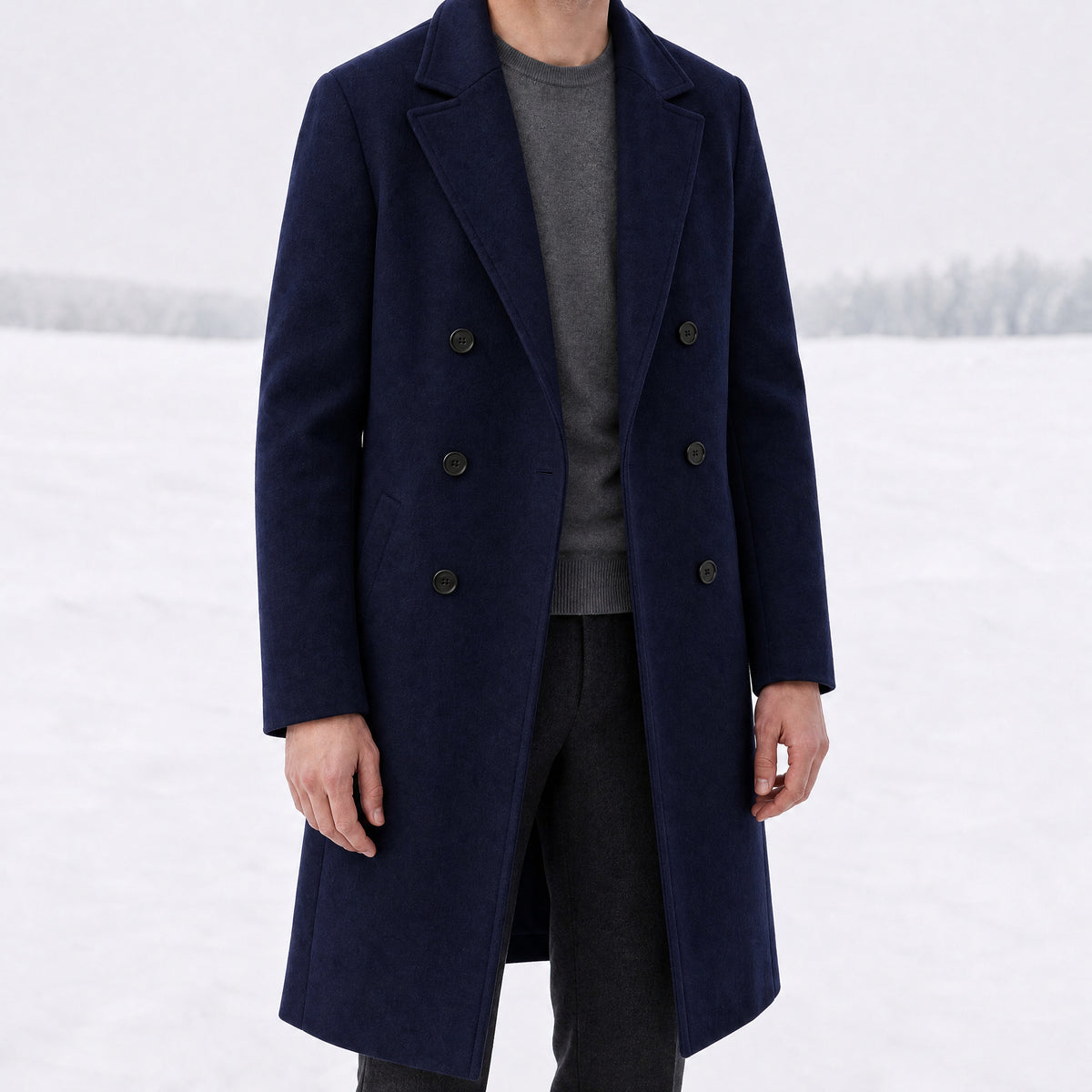 Fernbrake Long Double-Breasted Overcoat in Navy Blue
