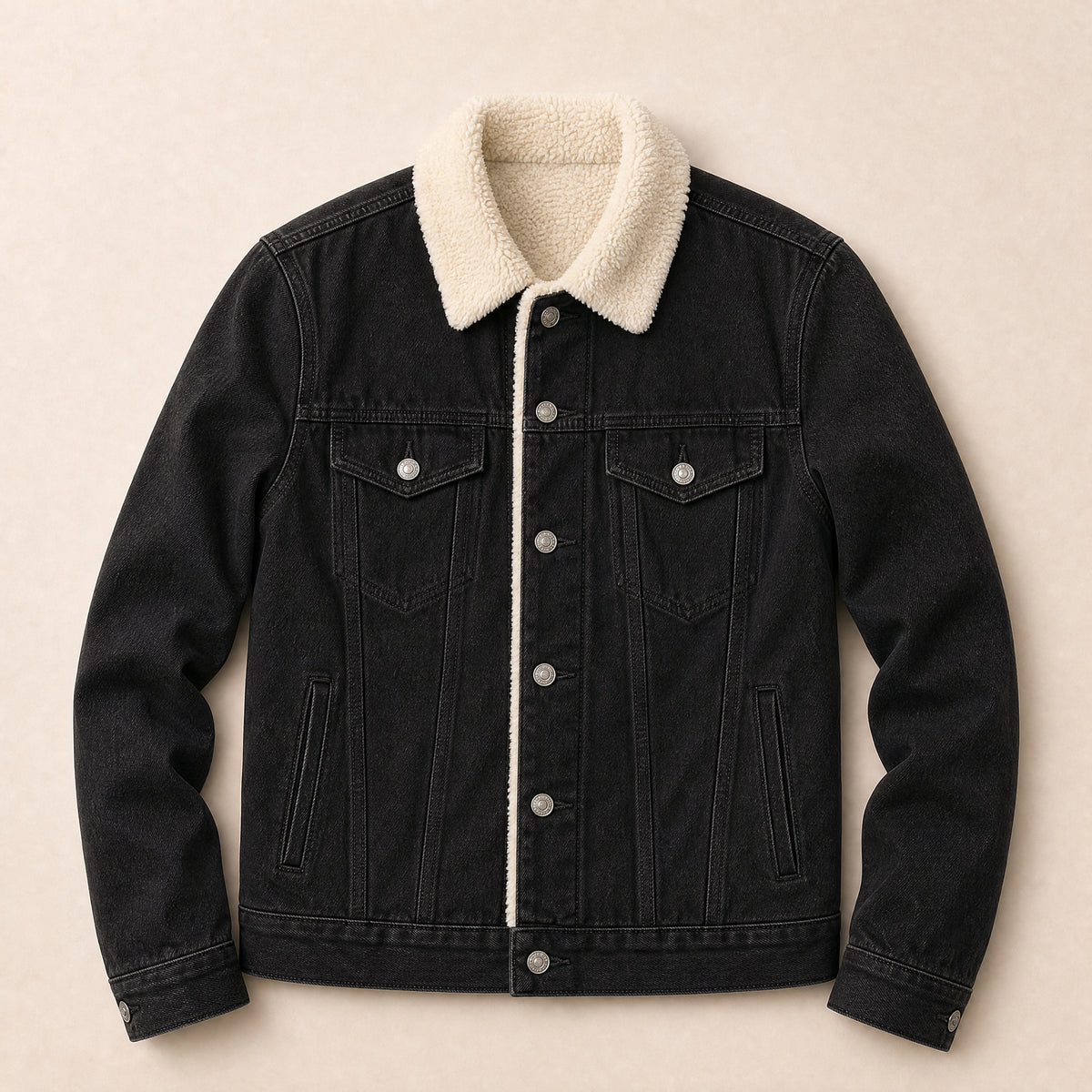 Flare Sherpa-Lined Denim Jacket in Black