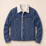 Flare Sherpa-Lined Denim Jacket in Dark Blue