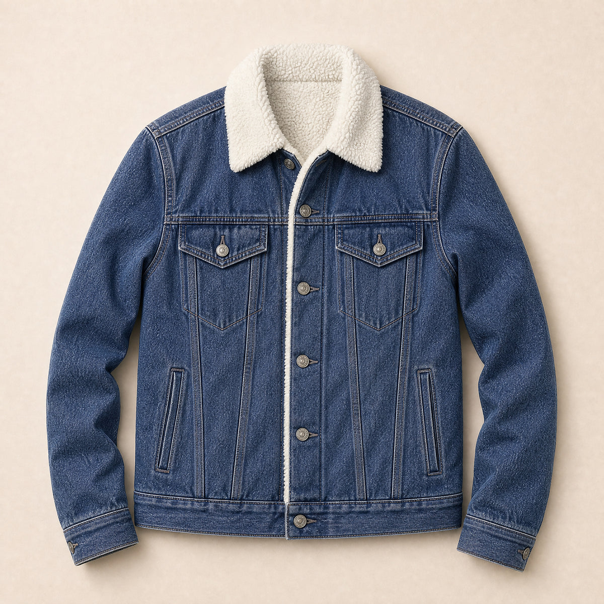 Flare Sherpa-Lined Denim Jacket in Dark Blue