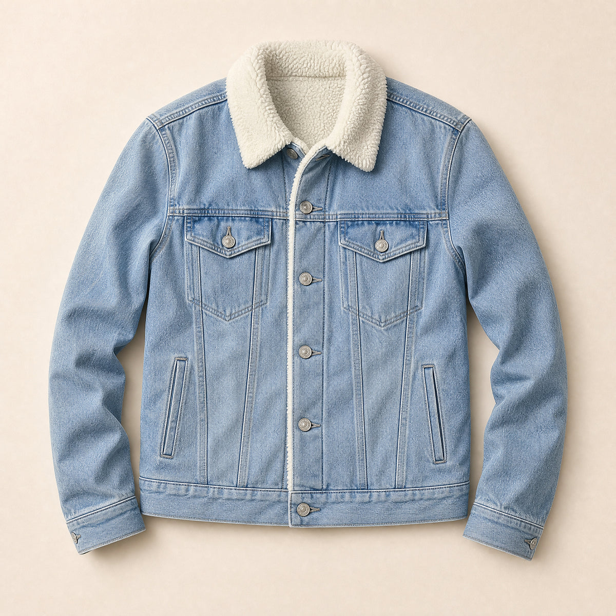 Flare Sherpa-Lined Denim Jacket in Light Blue