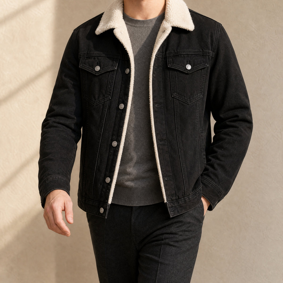 Fleet Sherpa-Lined Denim Jacket in Black