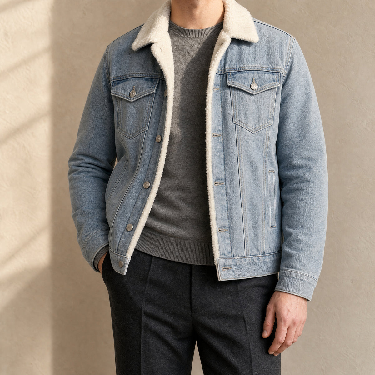 Fleet Sherpa-Lined Denim Jacket in Light Blue