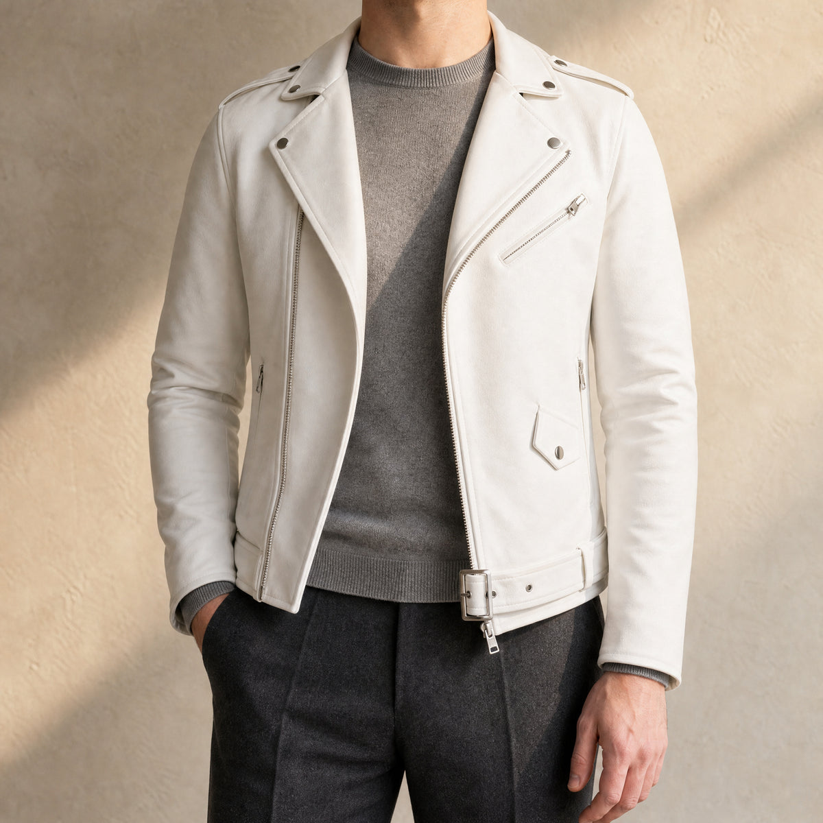 Flintlock Leather Motorcycle Jacket in Ivory