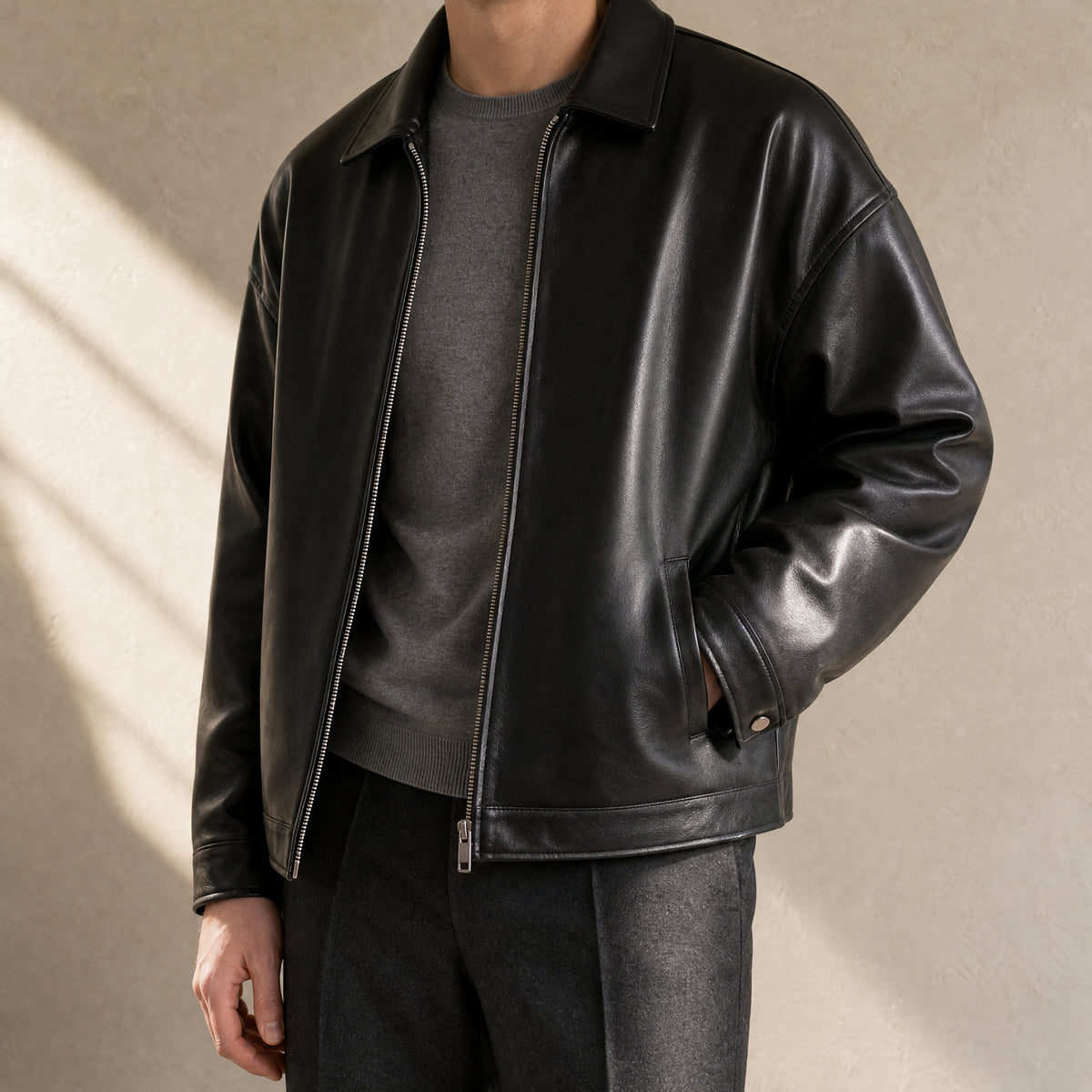 Foehn Leather Biker Jacket in Black