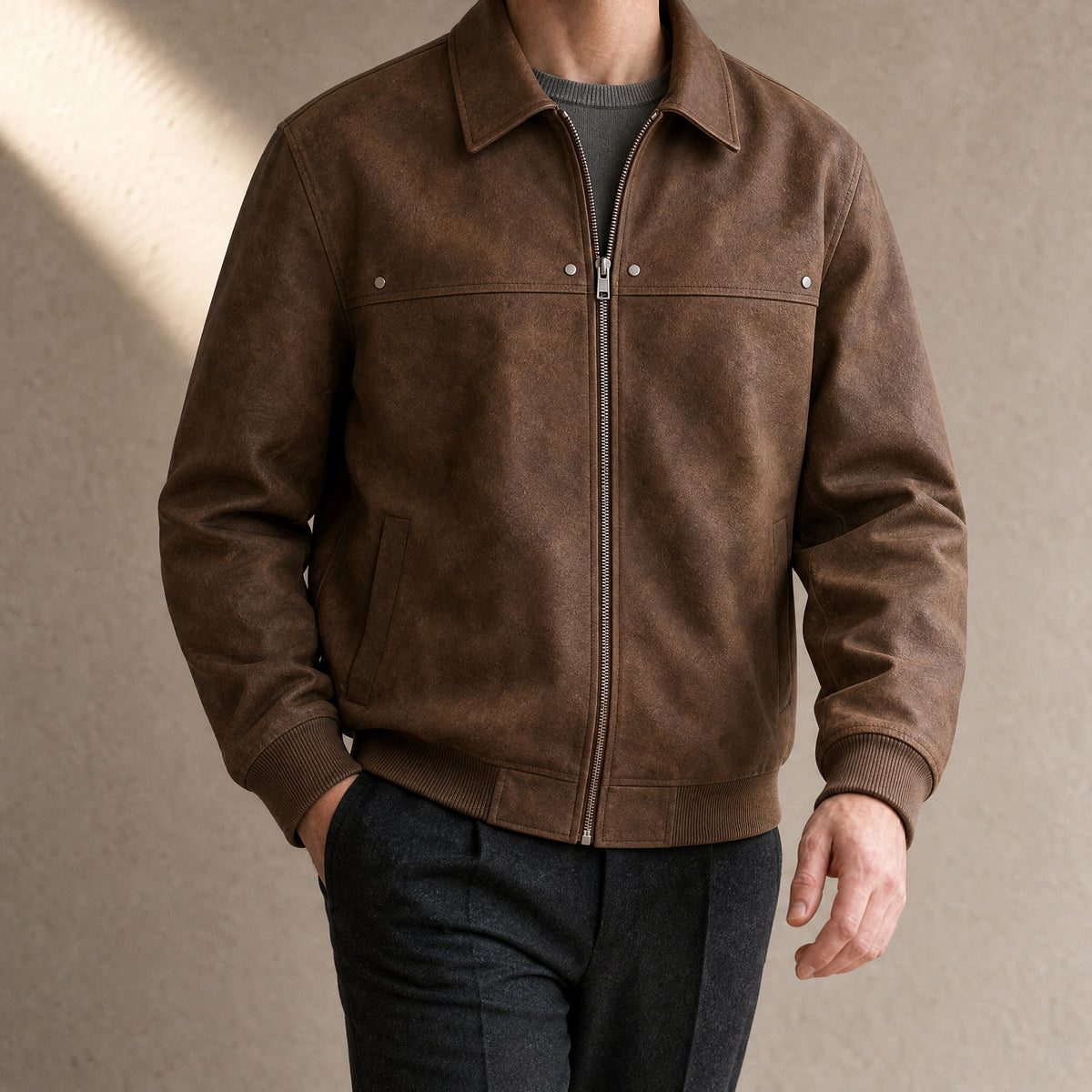 Freshet Leather Bomber Jacket in Brown