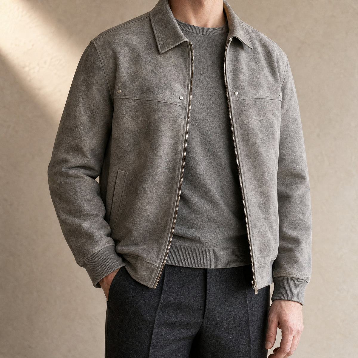 Freshet Leather Bomber Jacket in Gray