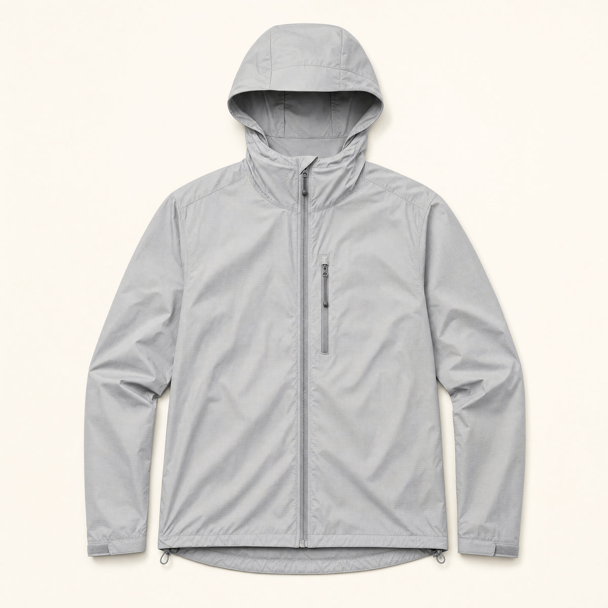 The Gale Men's Lightweight Hooded Shell Jacket in Silver Grey, front flat lay