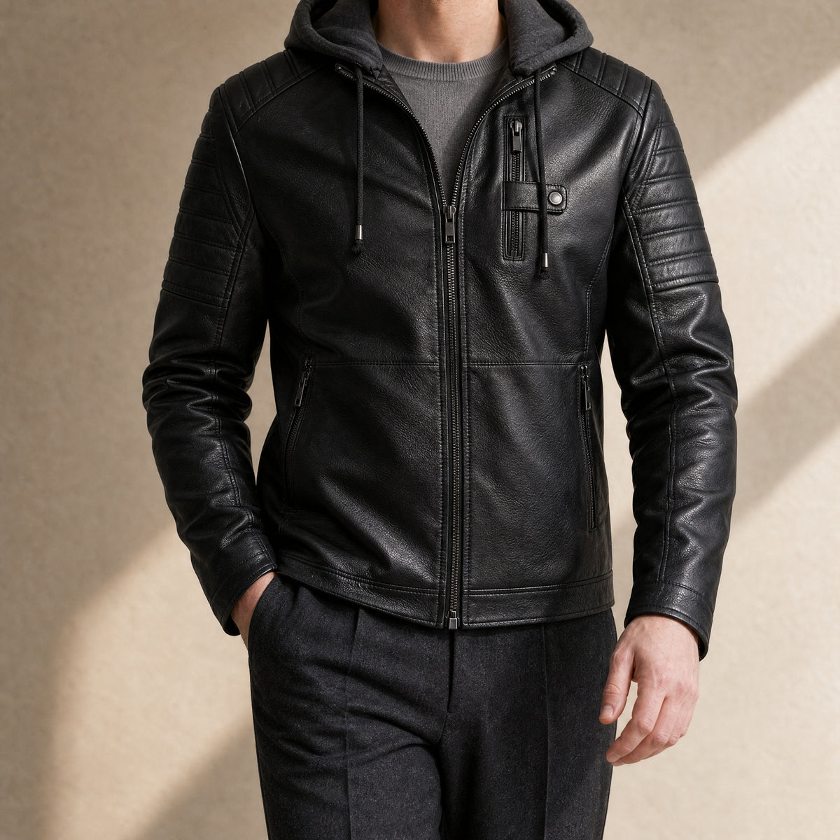 Glade Fleece-Lined Leather Jacket in Black
