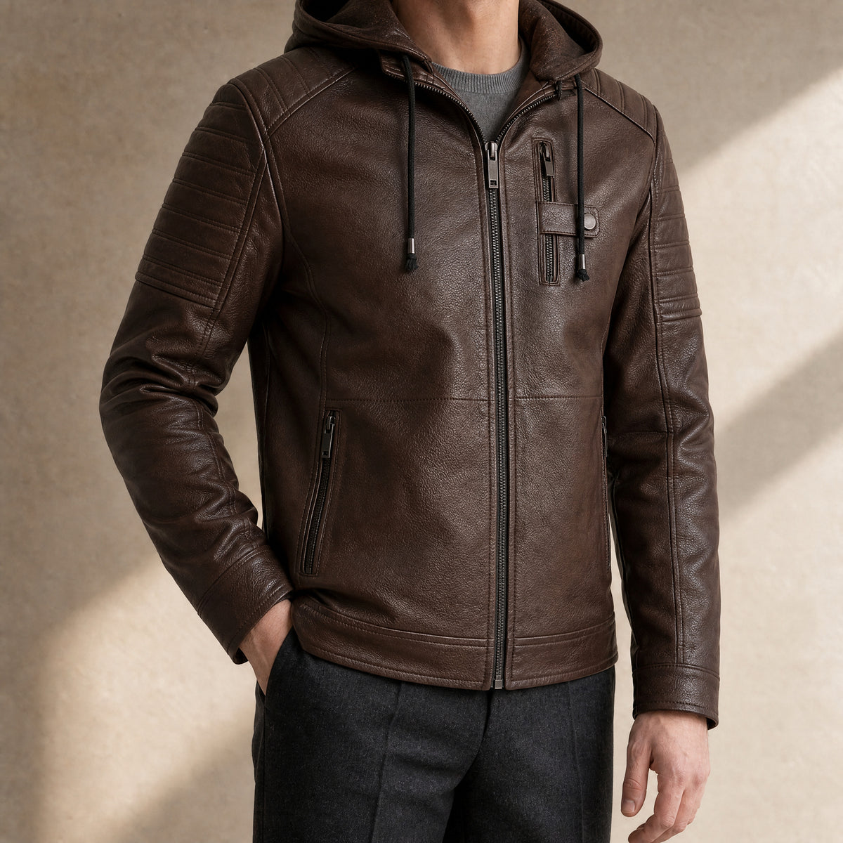 Glade Fleece-Lined Leather Jacket in Brown
