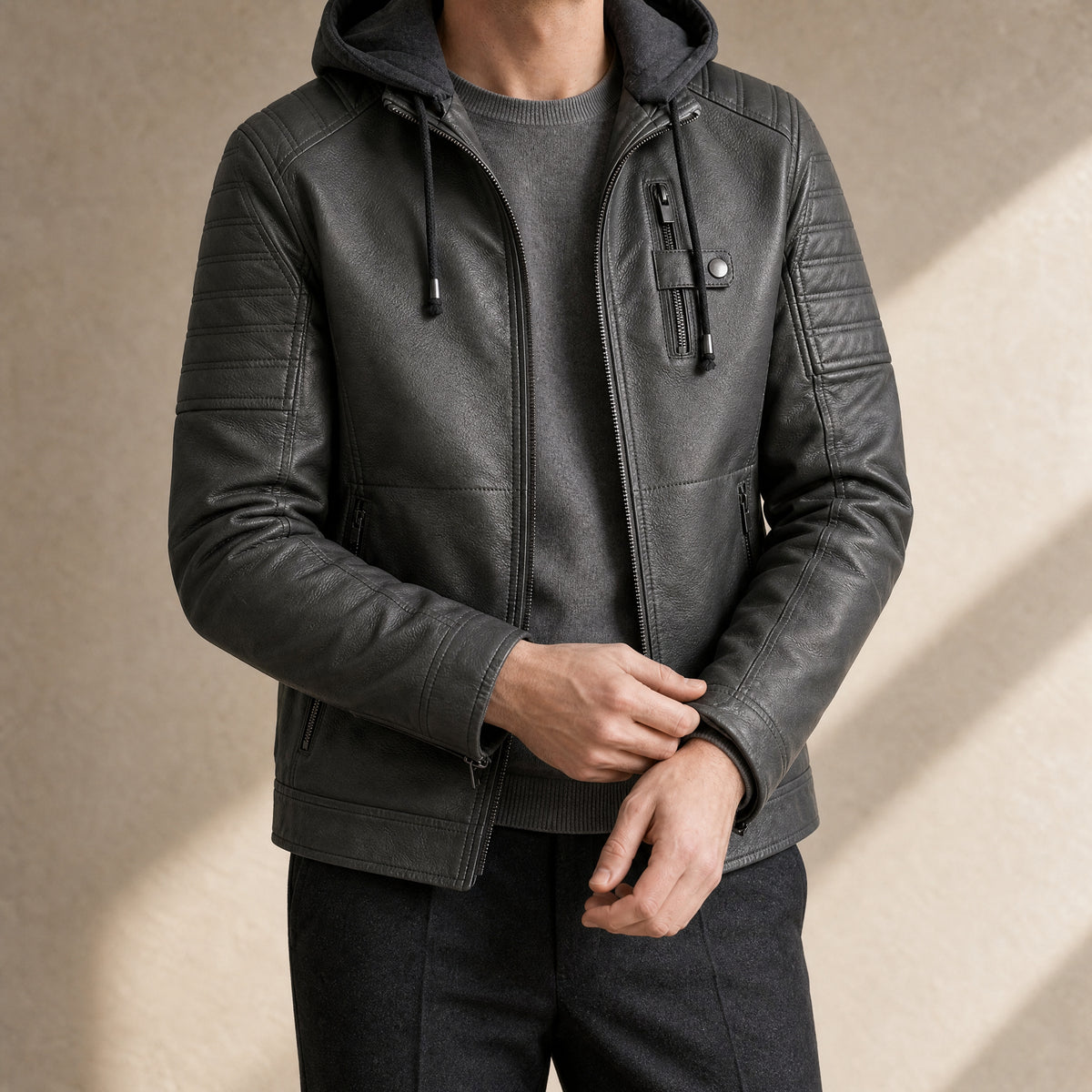 Glade Fleece-Lined Leather Jacket in Dark Gray