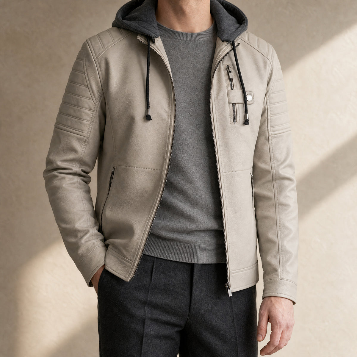 Glade Fleece-Lined Leather Jacket in Gray