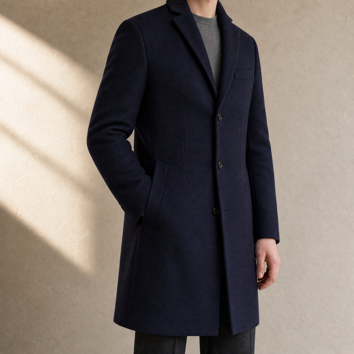 Glen Stand-Collar Overcoat in Navy Blue