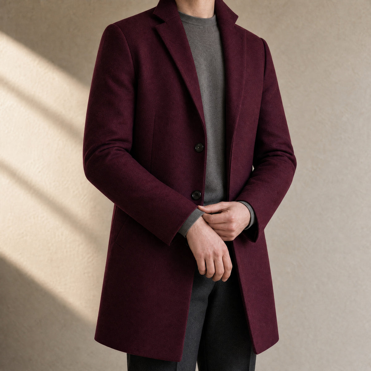 Glen Stand-Collar Overcoat in Wine Red