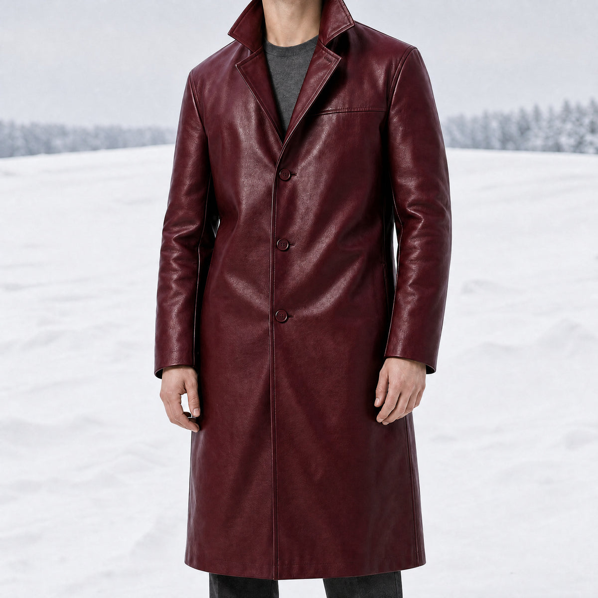 Glint Leather Trench Coat in Burgundy
