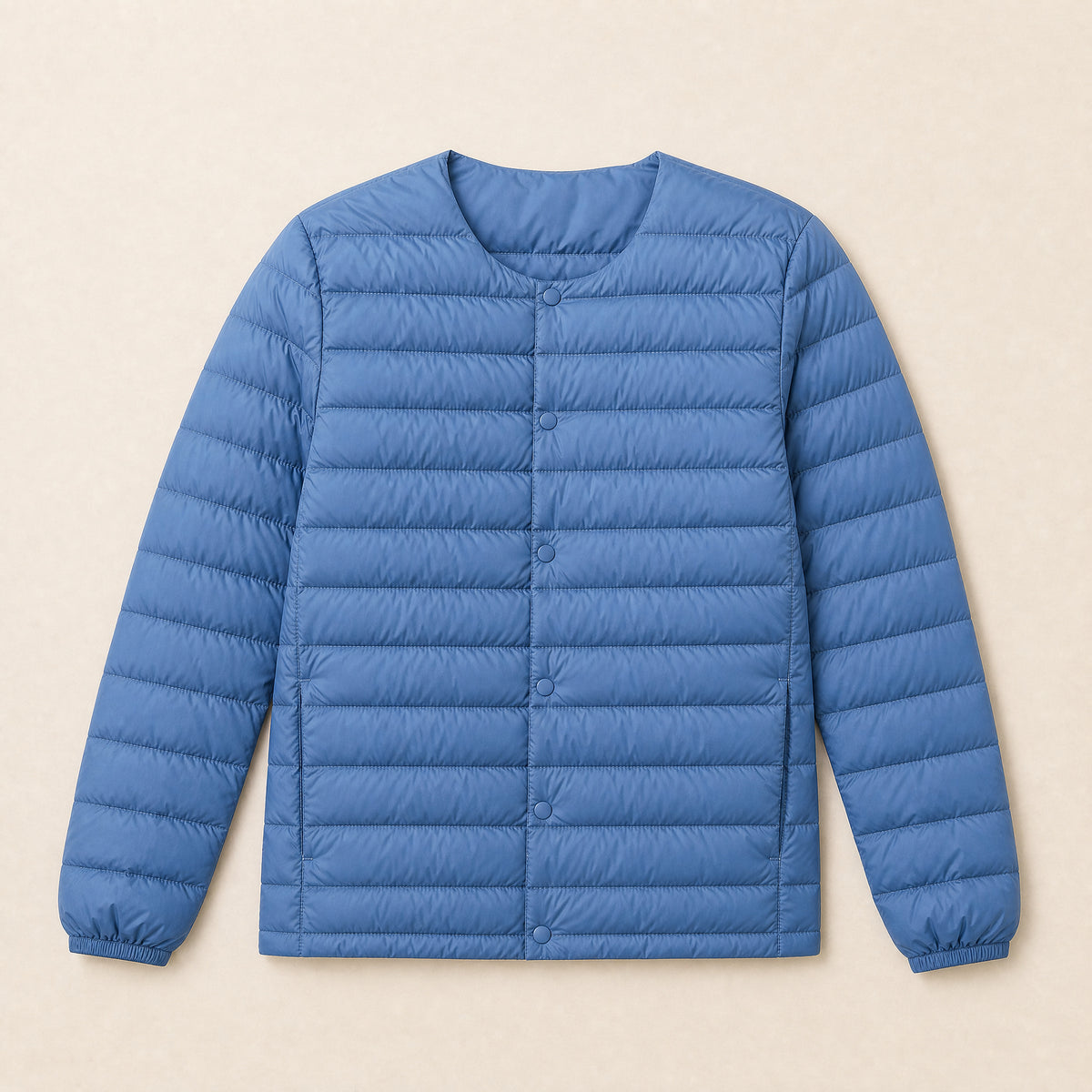Gneiss Collarless Down Jacket in Haze Blue