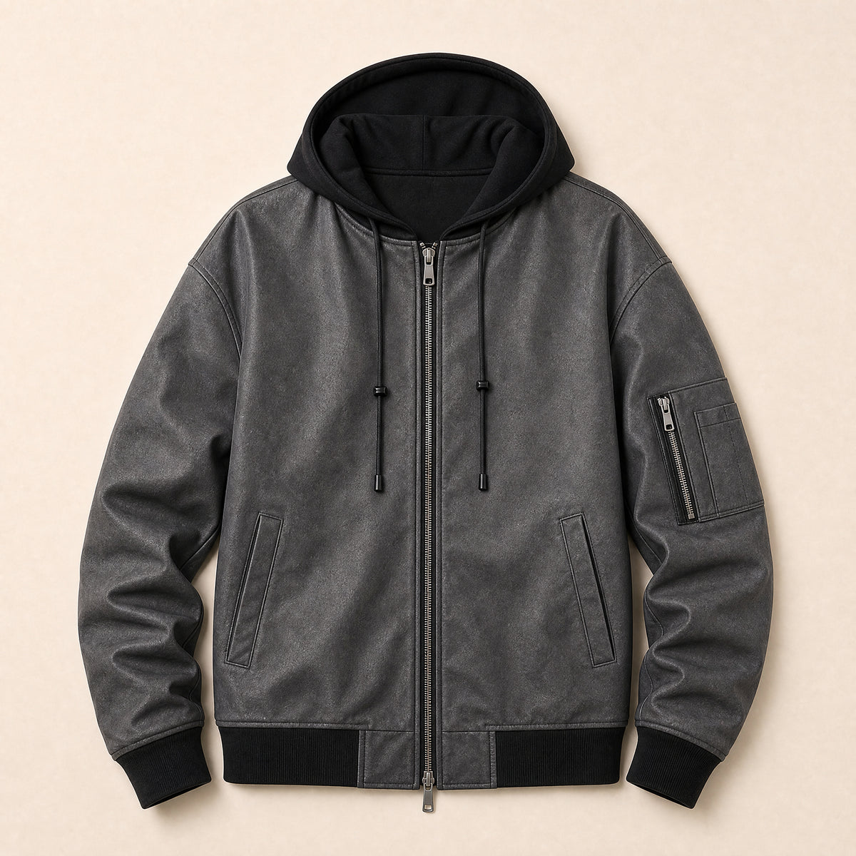 Gorge Suede Hooded Bomber Jacket in Charcoal Gray