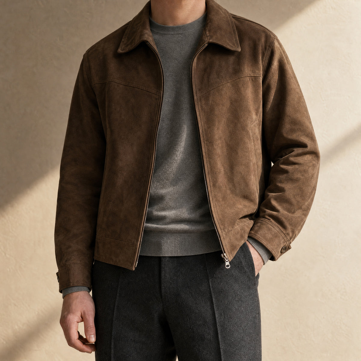 Graupel Suede Bomber Jacket in Brown