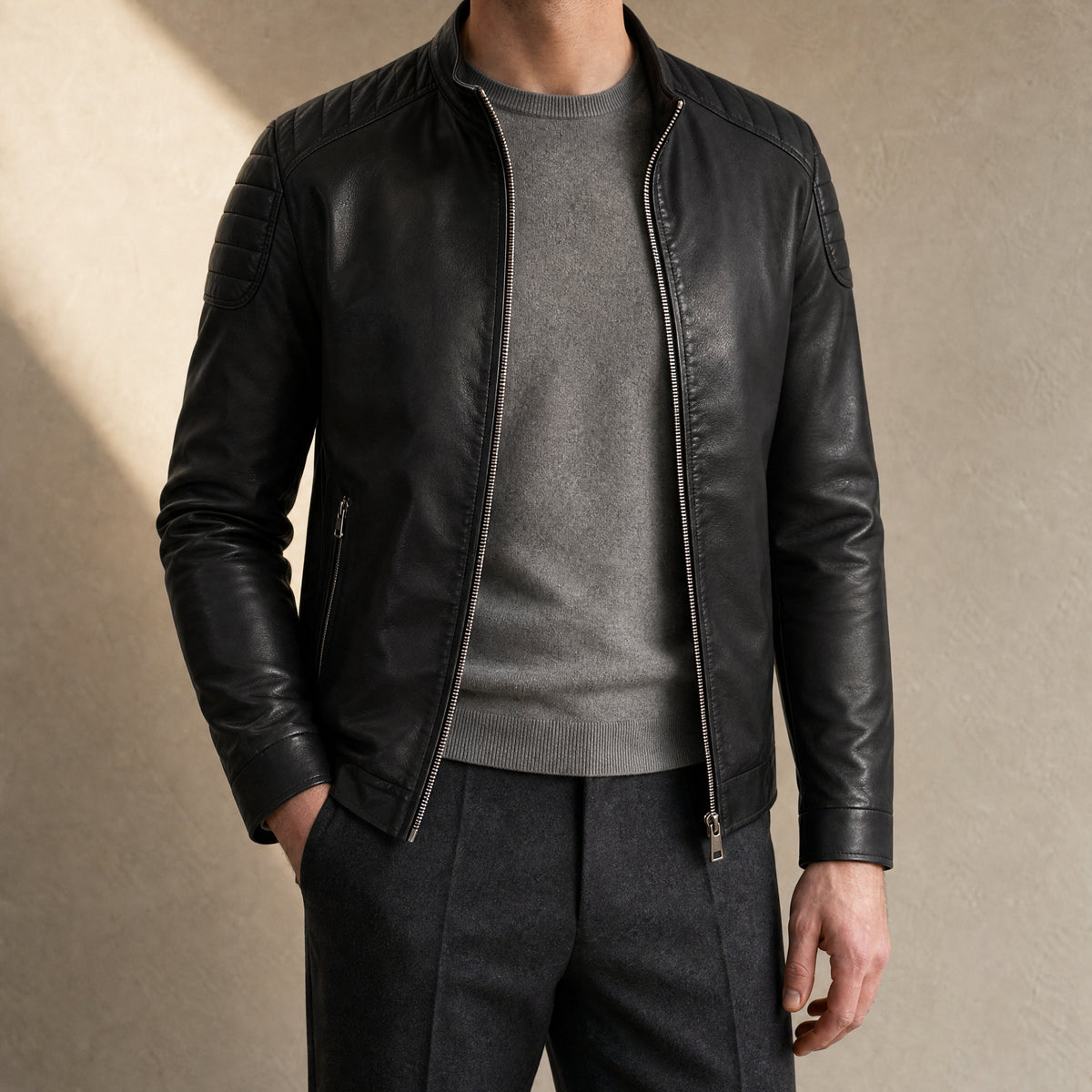 Grove Leather Biker Jacket in Black