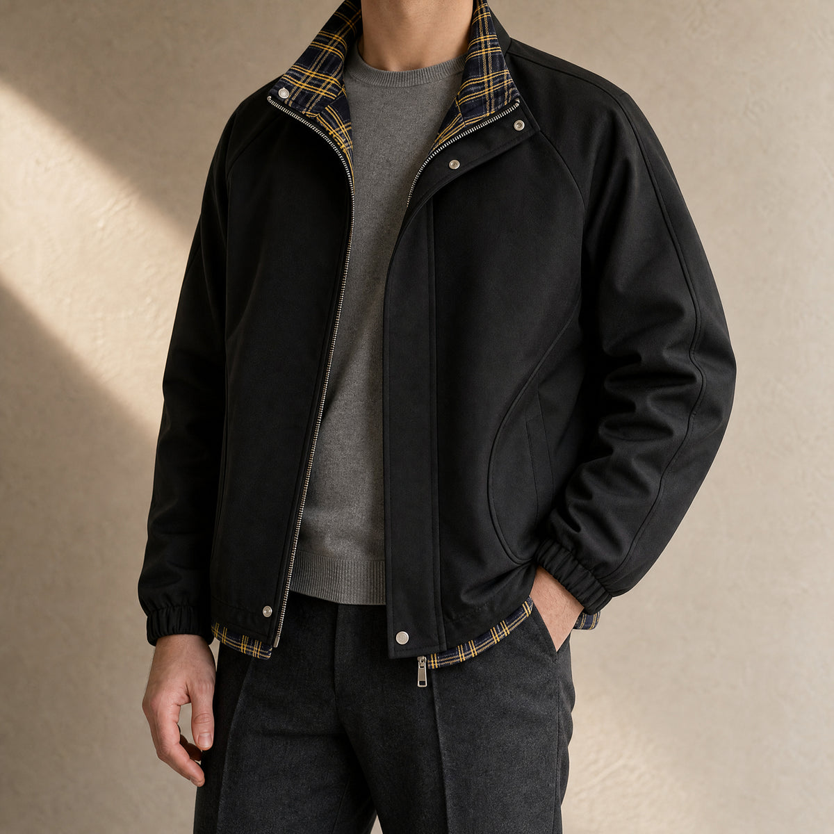 Gulch Plaid Stand-Collar Bomber Jacket in Black