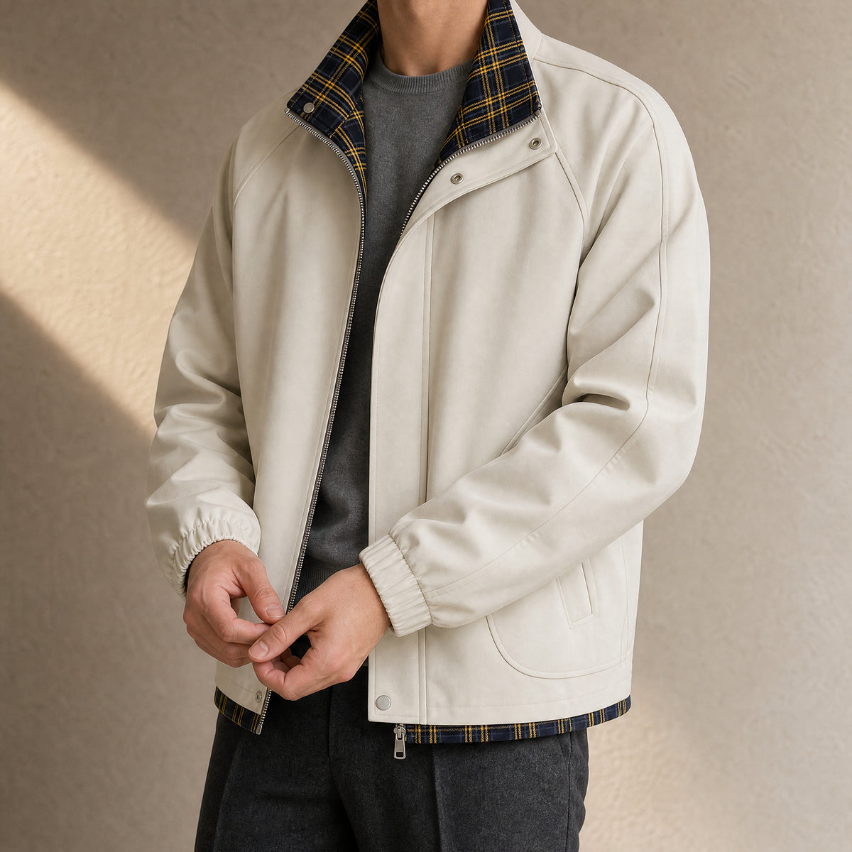 Gulch Plaid Stand-Collar Bomber Jacket in Khaki