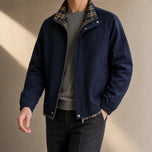 Gulch Plaid Stand-Collar Bomber Jacket in Navy