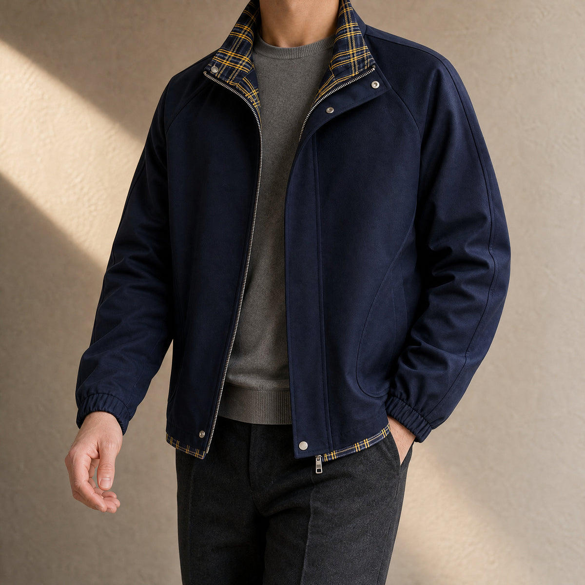 Gulch Plaid Stand-Collar Bomber Jacket in Navy