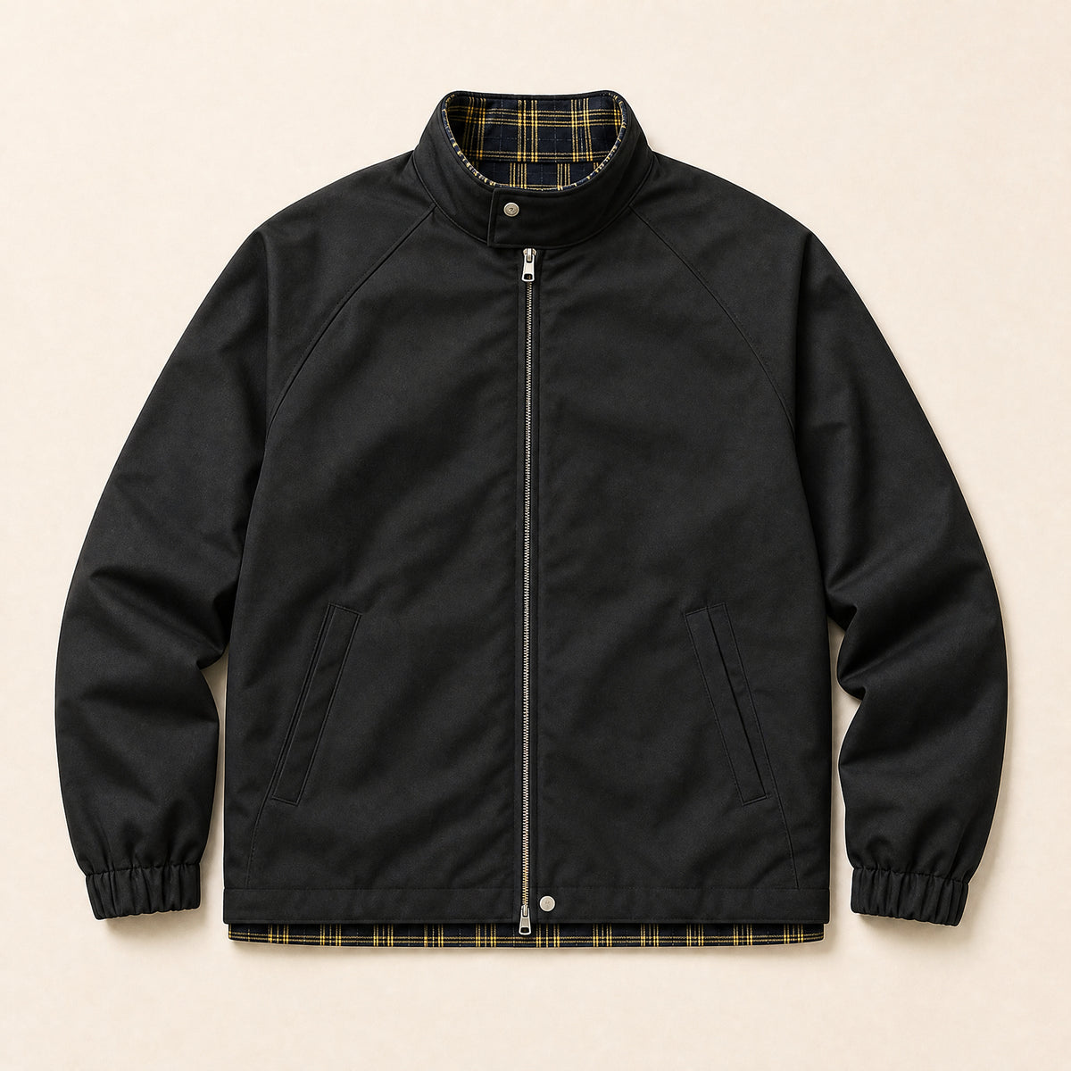 Gully Plaid Stand-Collar Bomber Jacket in Black