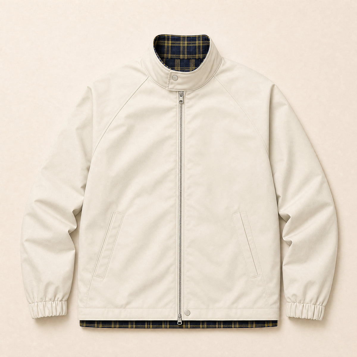 Gully Plaid Stand-Collar Bomber Jacket in Khaki