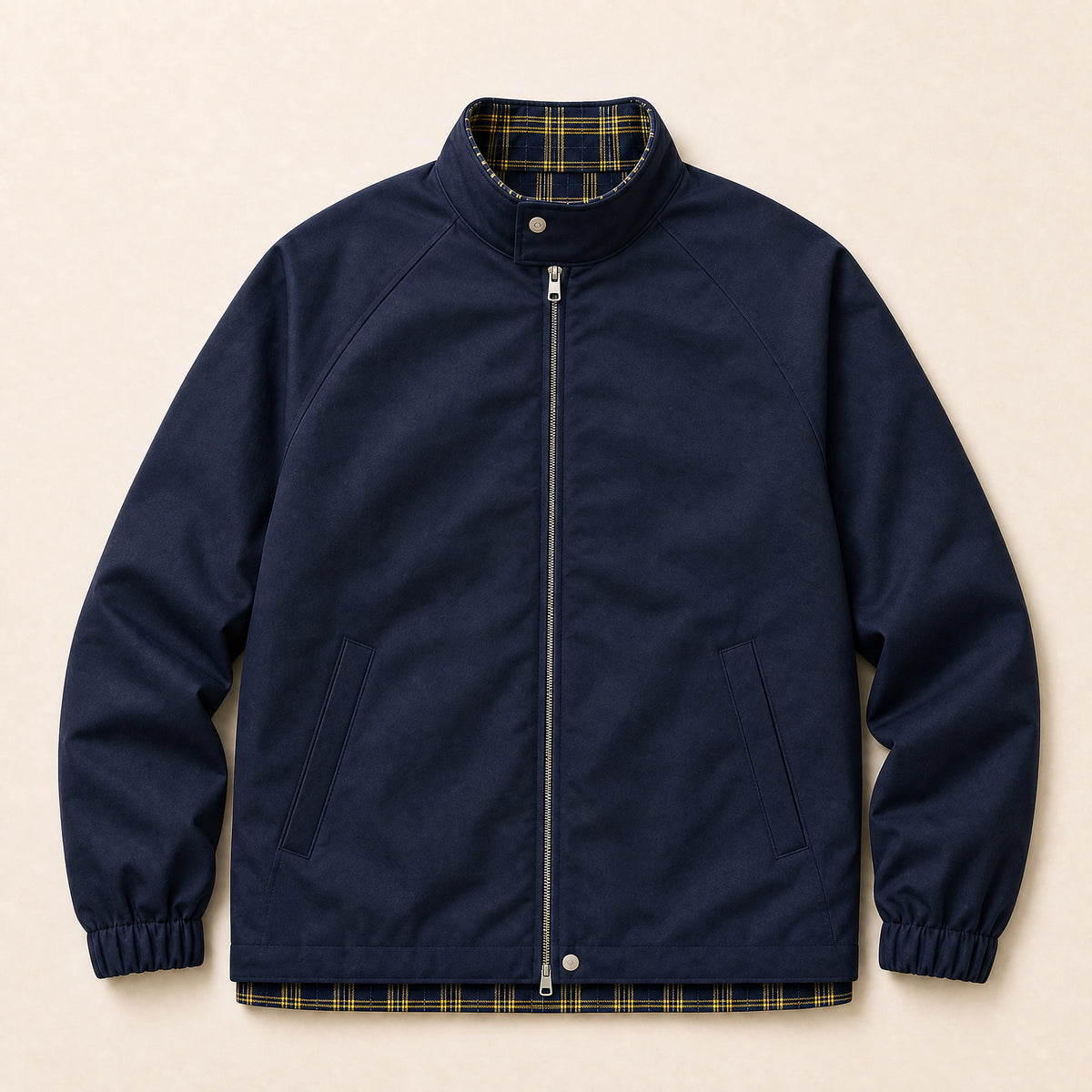 Gully Plaid Stand-Collar Bomber Jacket in Navy