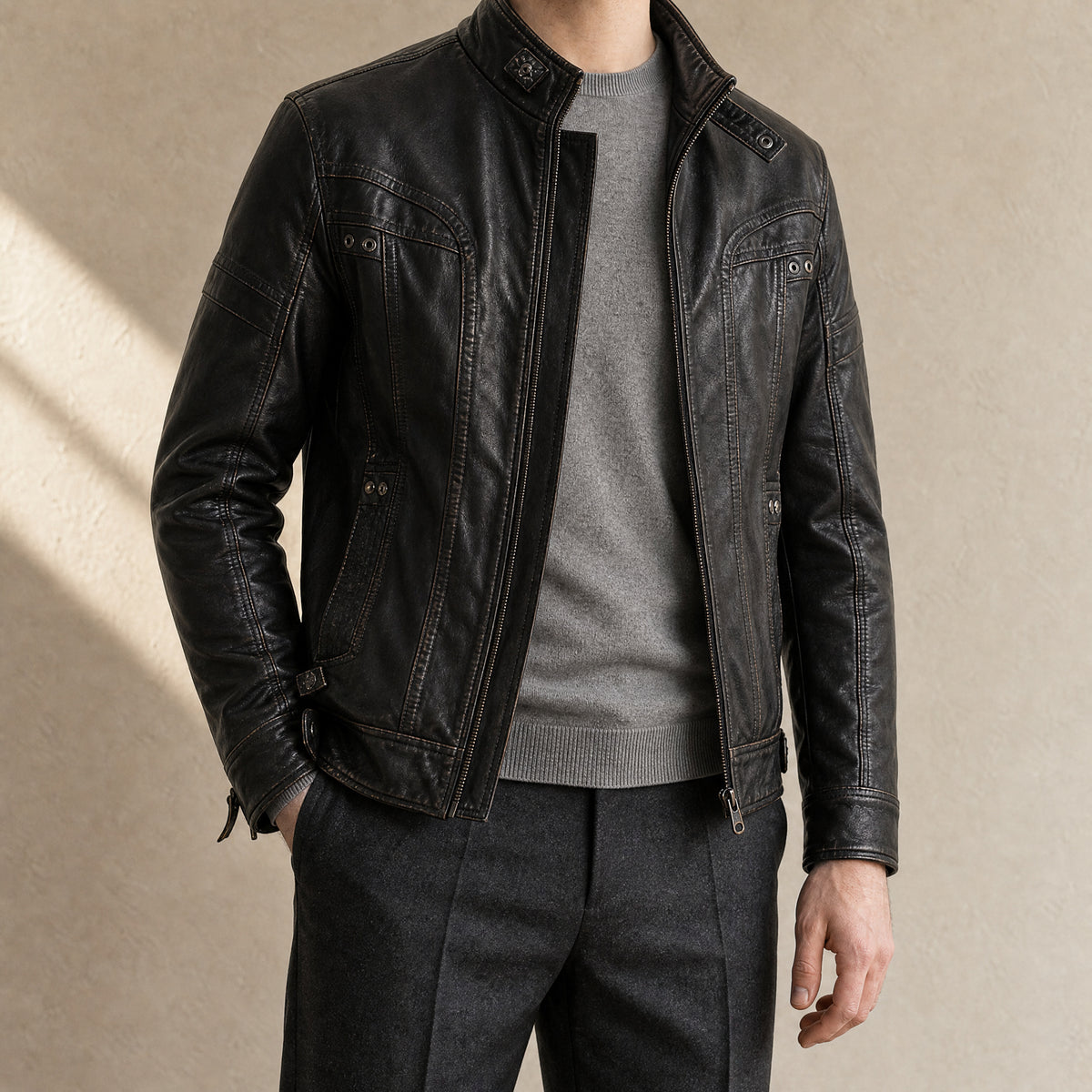 Hail Faux-Leather Stand-Collar Jacket in Black
